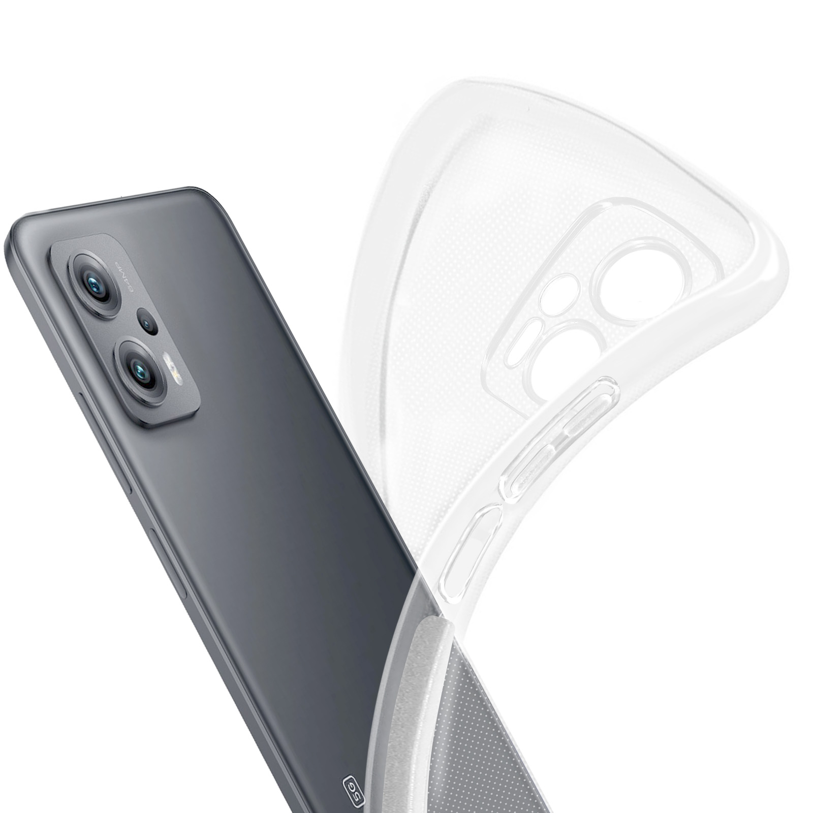 Transparente Handyhülle mit einem Telefon. Das Telefon befindet sich auf weißem Hintergrund.