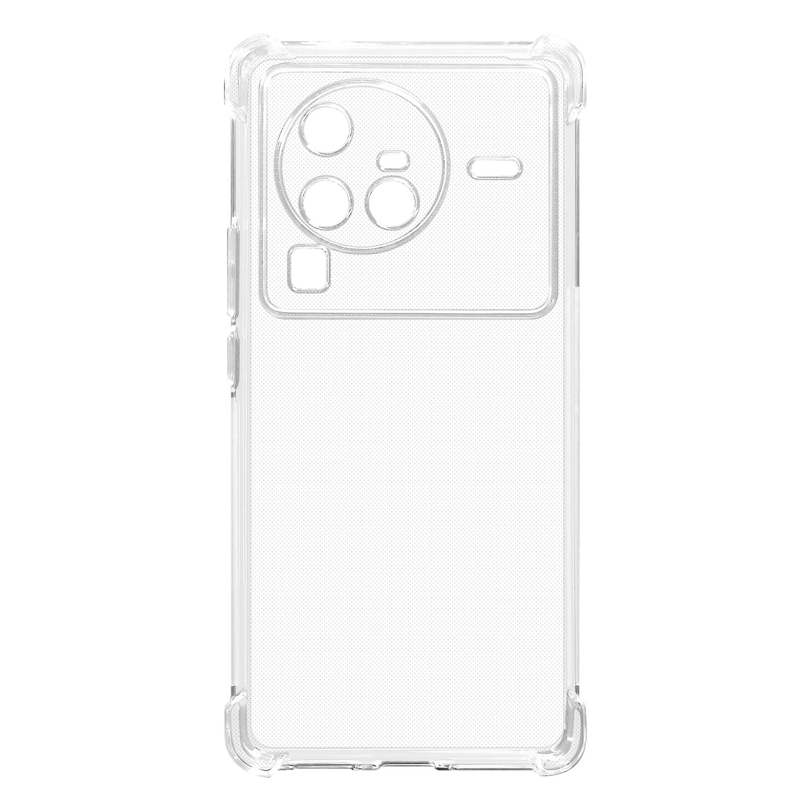 Custodia trasparente per telefono con design trasparente, che mostra fotocamera e funzionalità, su sfondo bianco.