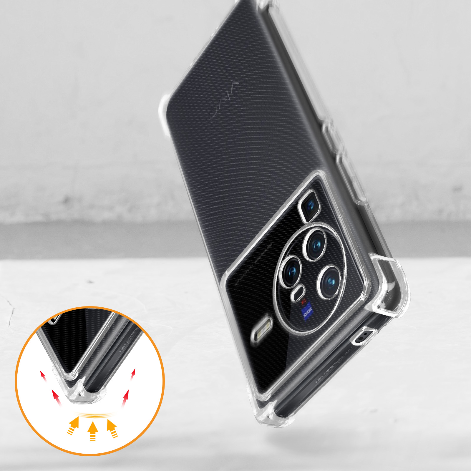 Una custodia trasparente con più fotocamere e retro nero. Frecce mostrano le caratteristiche di protezione.