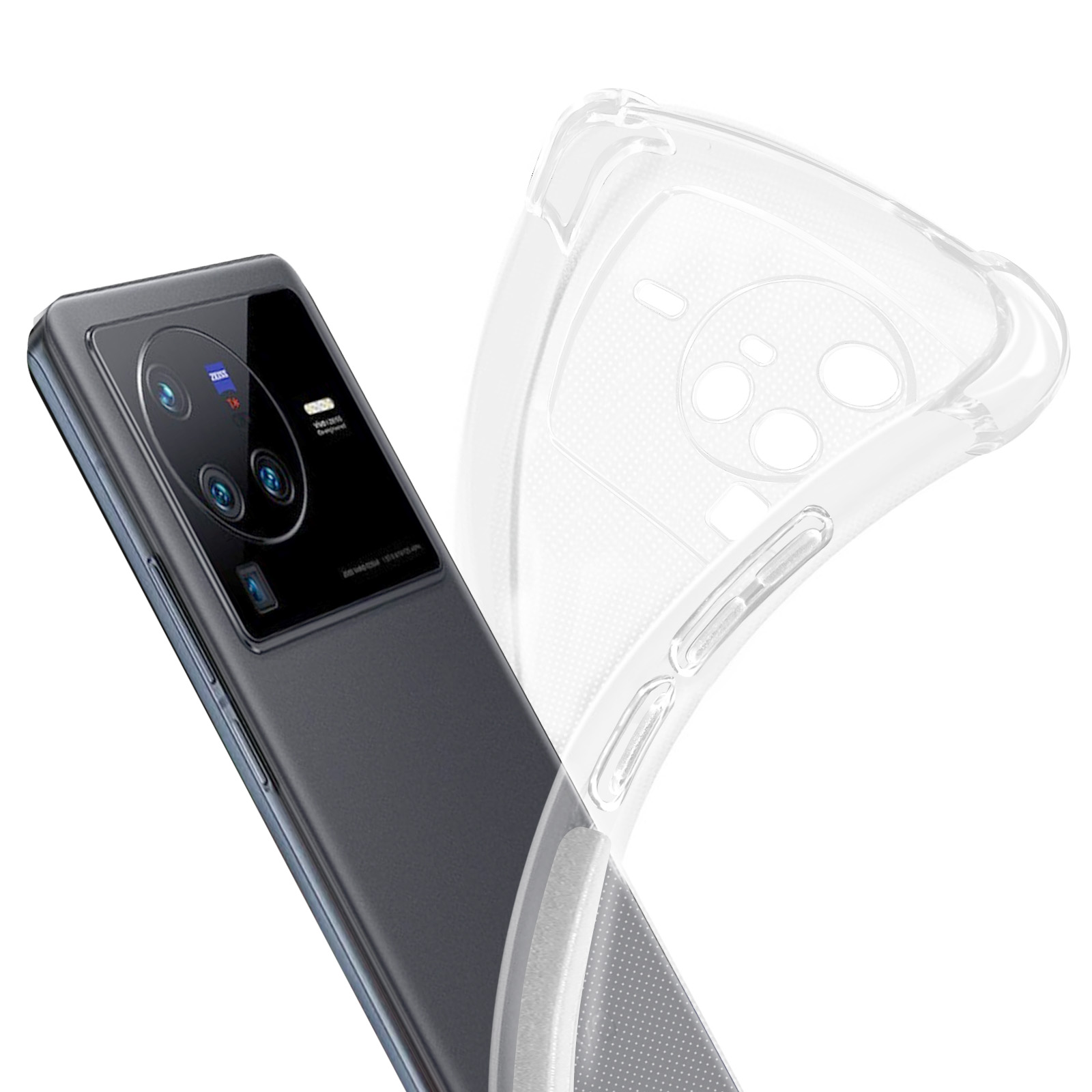 Smartphone con custodia trasparente. Il telefono ha fotocamere.