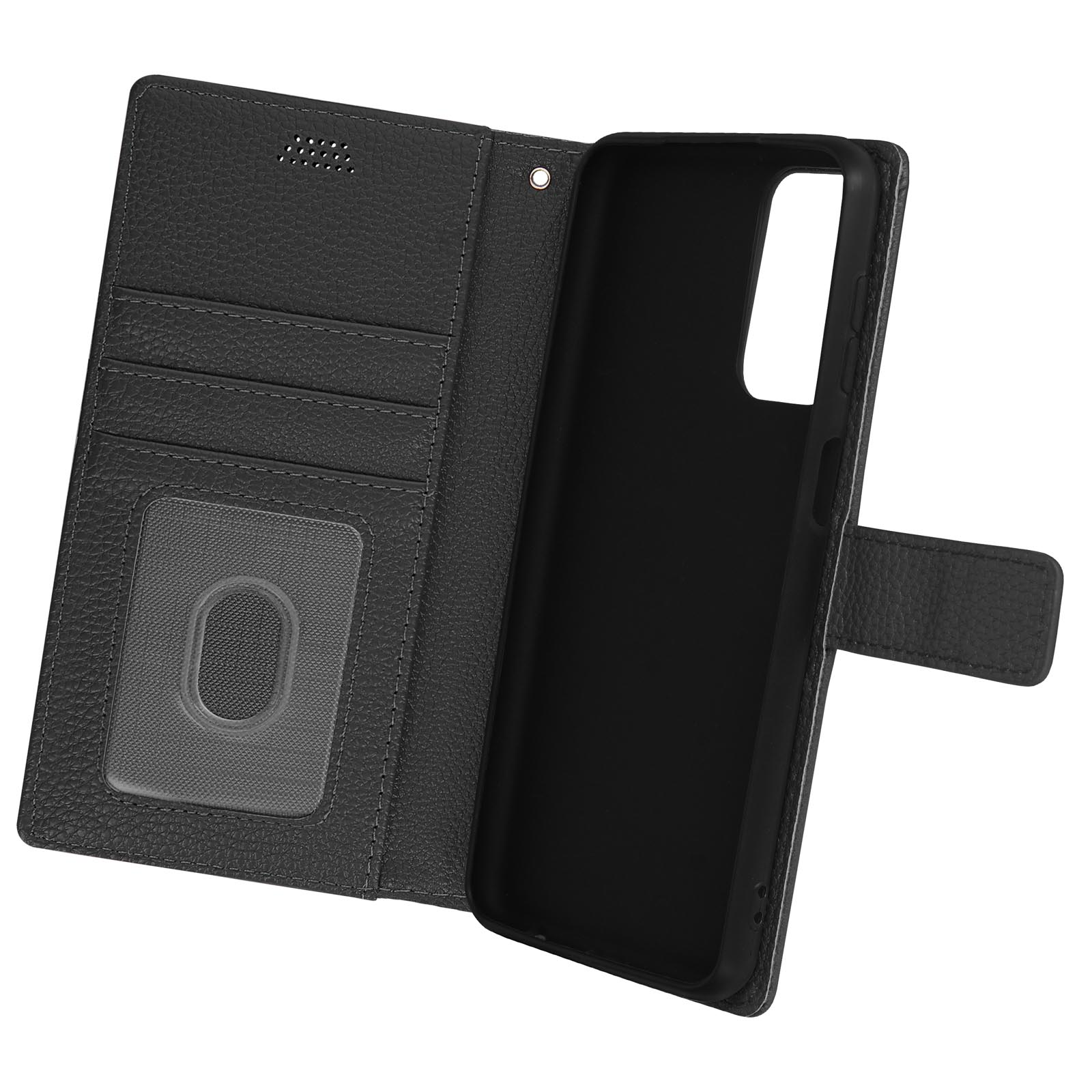 Custodia nera per telefono con fessure per carte. La custodia è aperta, mostrando il telefono.