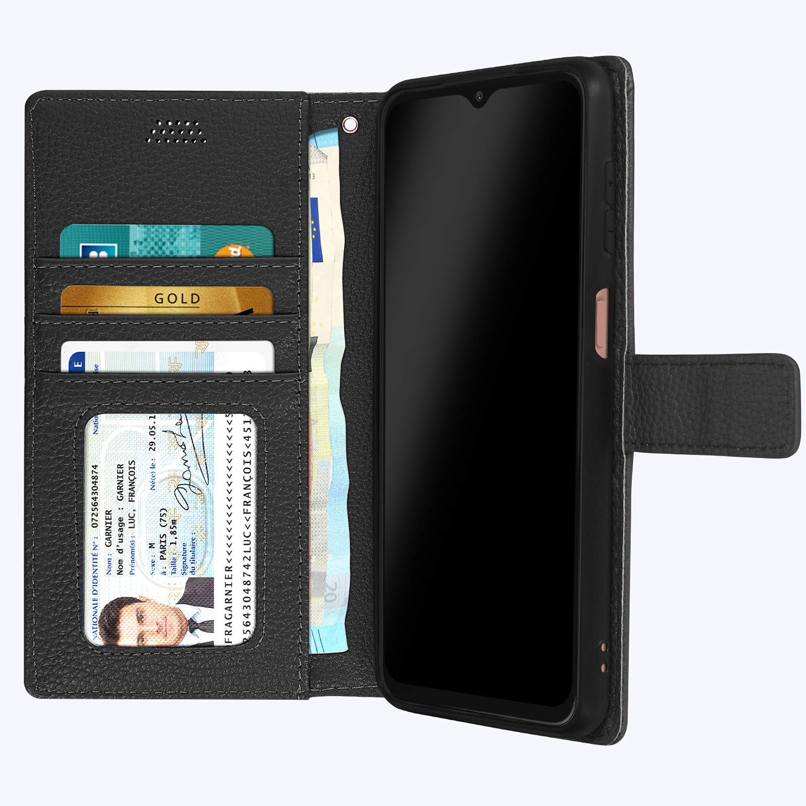 Una custodia nera per telefono con carte e un telefono.