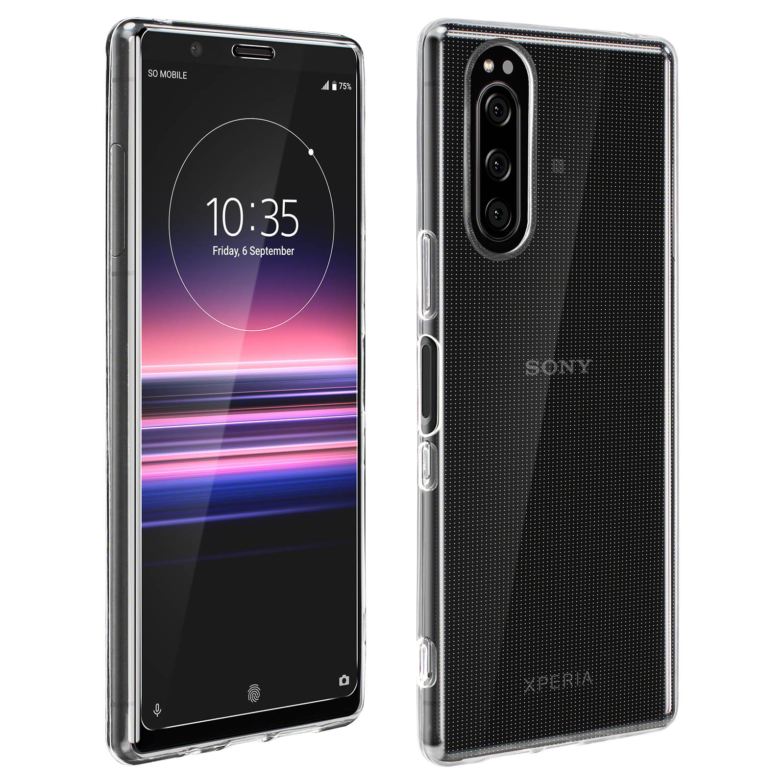 Transparente Handyhülle mit einem Telefon darin. Der Telefonbildschirm ist sichtbar.