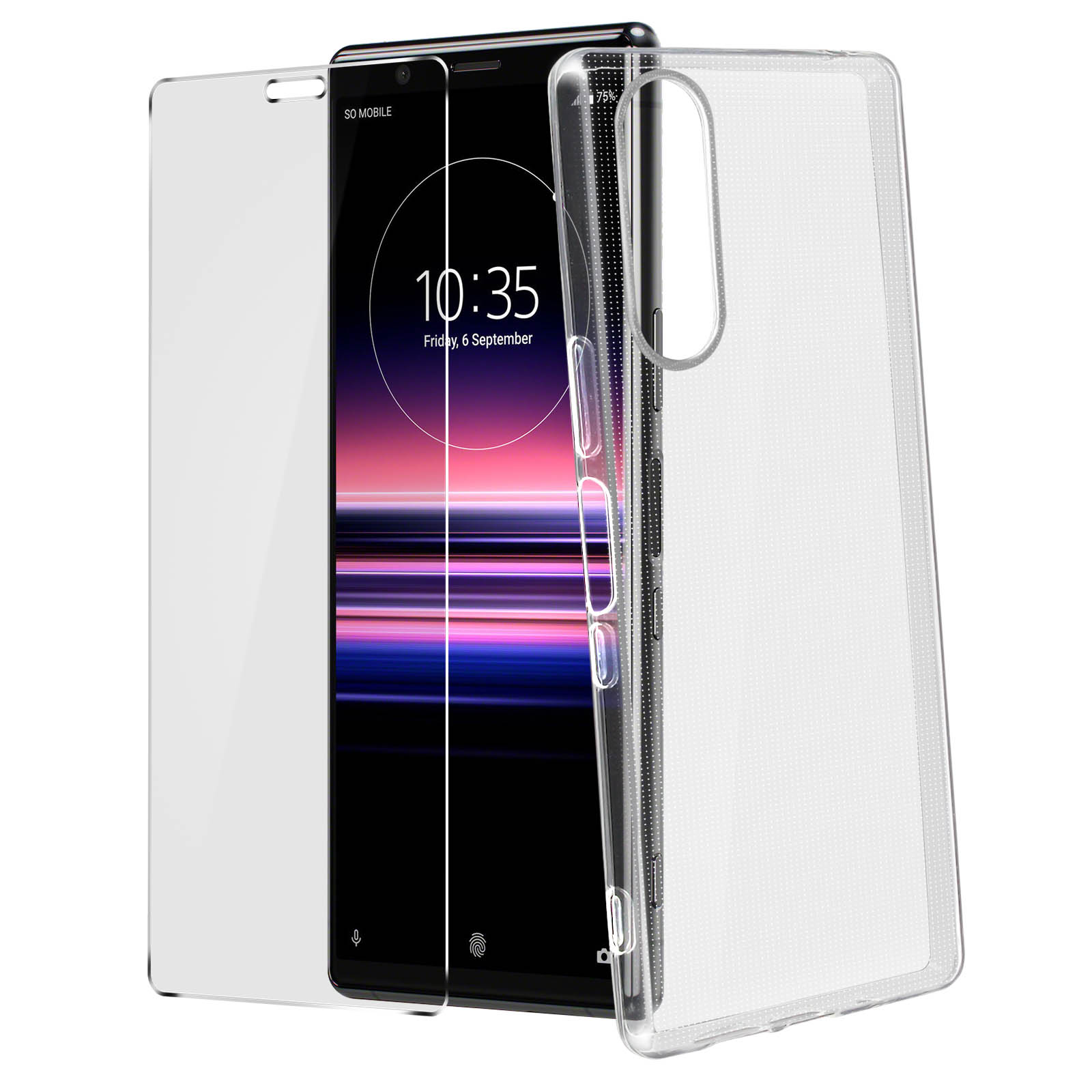 Telefonbildschirm mit klarer Displayschutzfolie und klarer Handyhülle daneben.