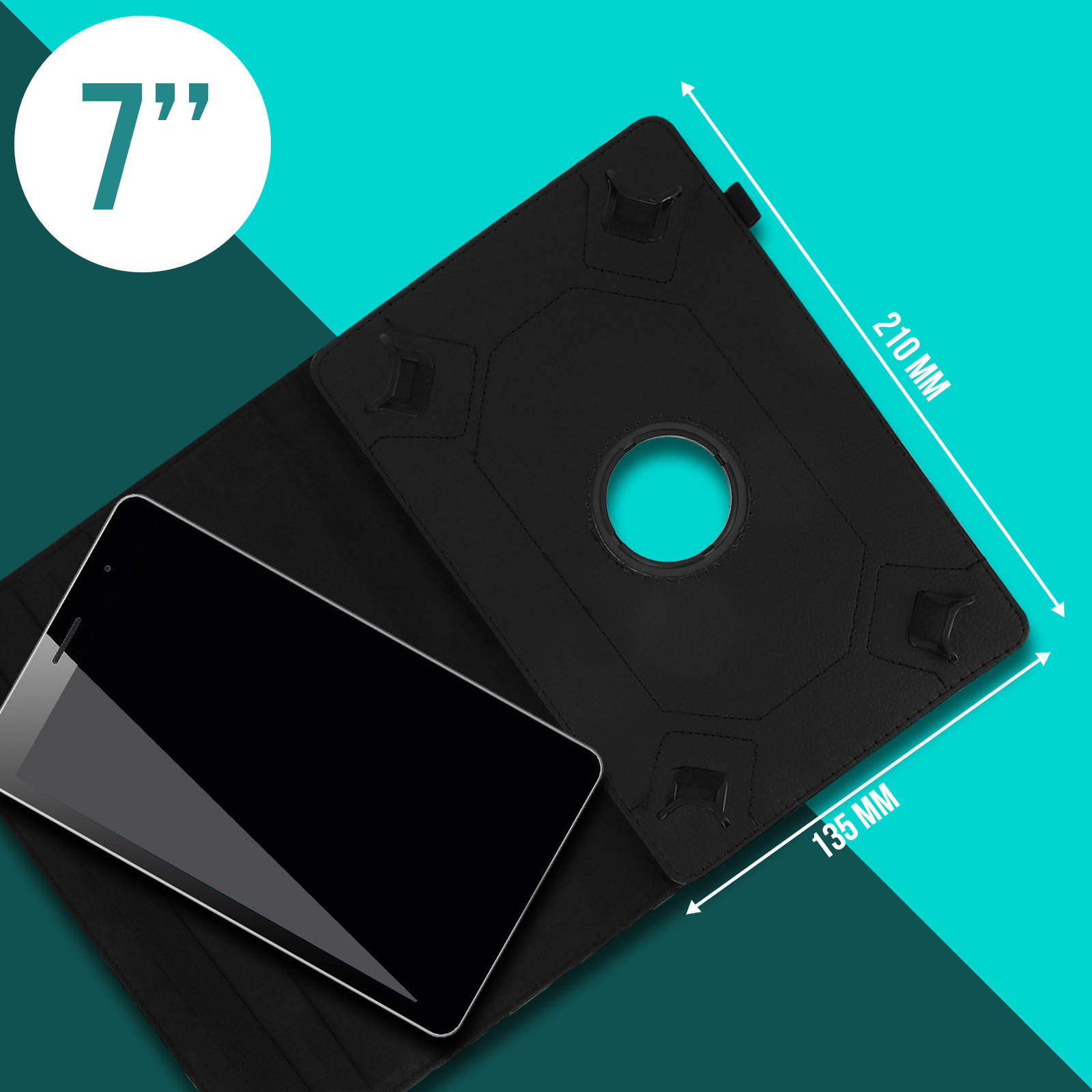 Tablet nero in una custodia nera, con dimensioni etichettate. Lo sfondo è verde acqua.