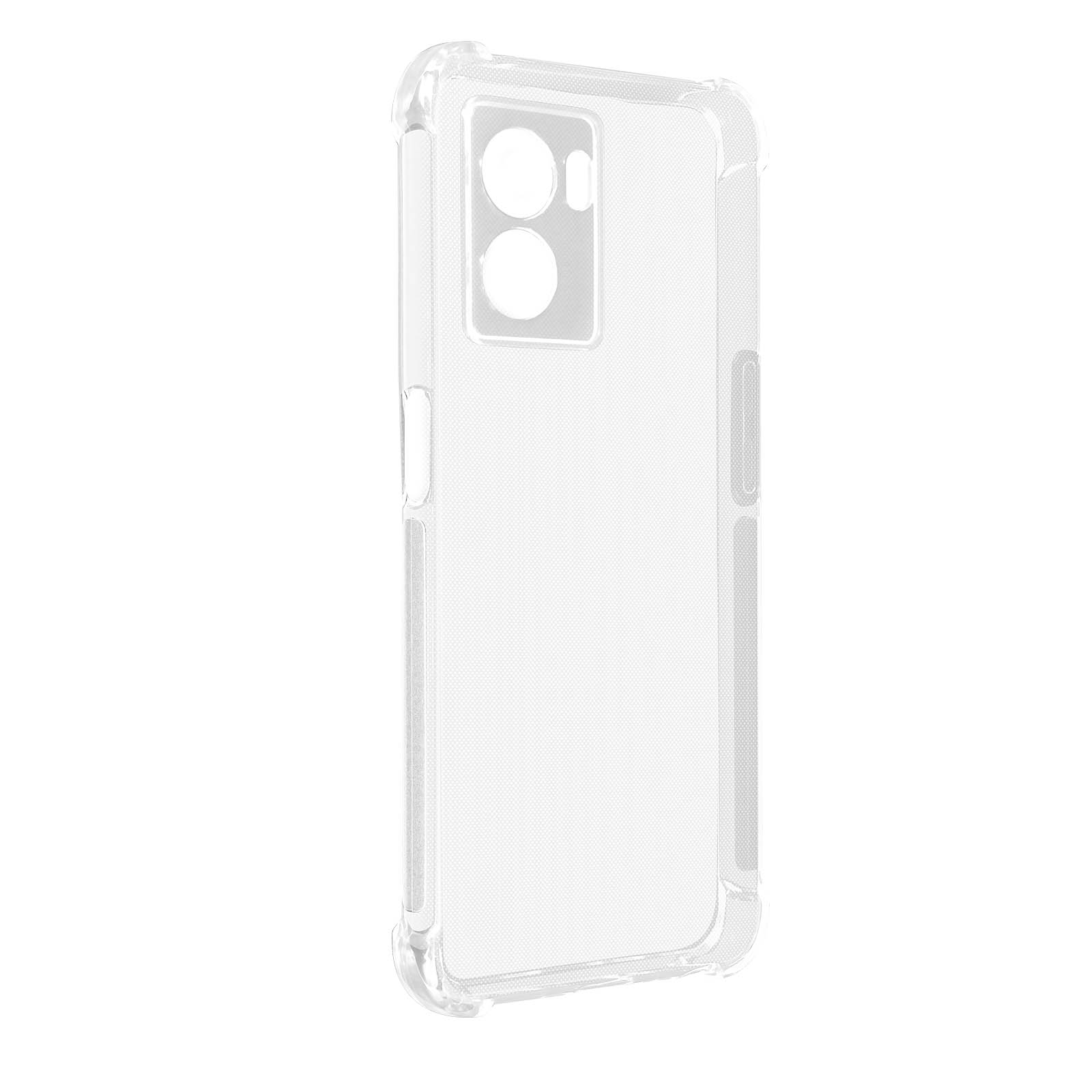 Custodia trasparente per telefono. È trasparente e presenta ritagli per fotocamera, pulsanti e porta di ricarica.