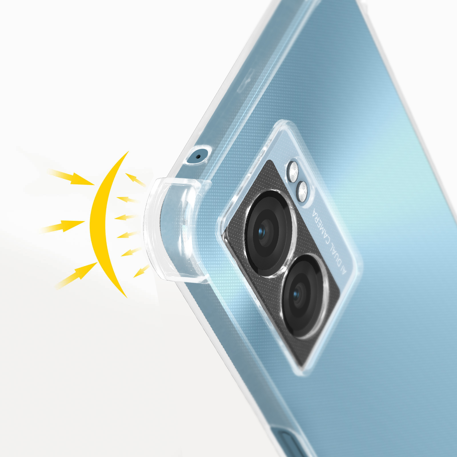 Telefono con custodia trasparente. Area della fotocamera evidenziata con effetto luce. Telefono azzurro, sfondo bianco.
