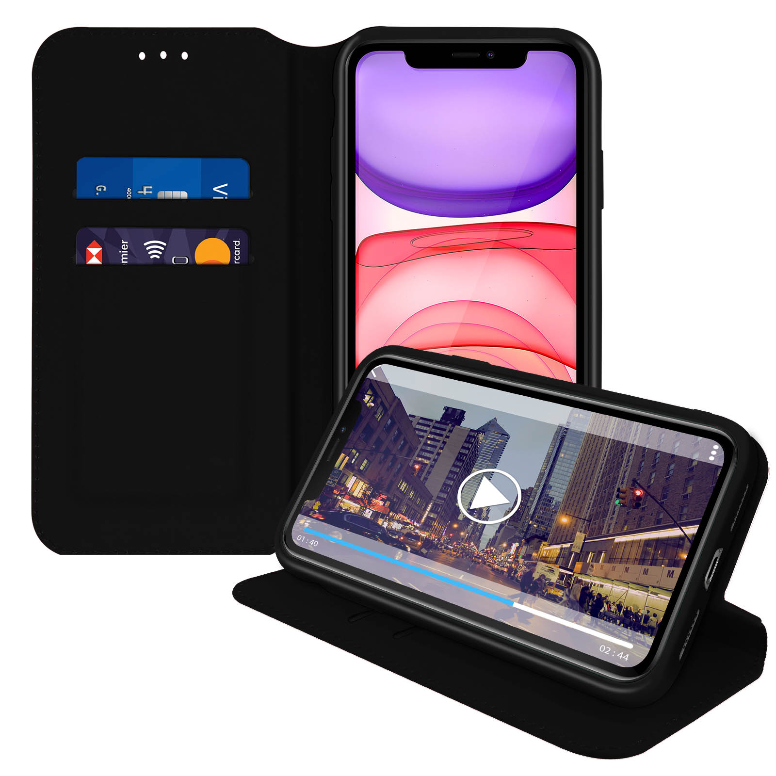 Zwarte telefoonhoes open, creditcards tonend, telefoonscherm met video.