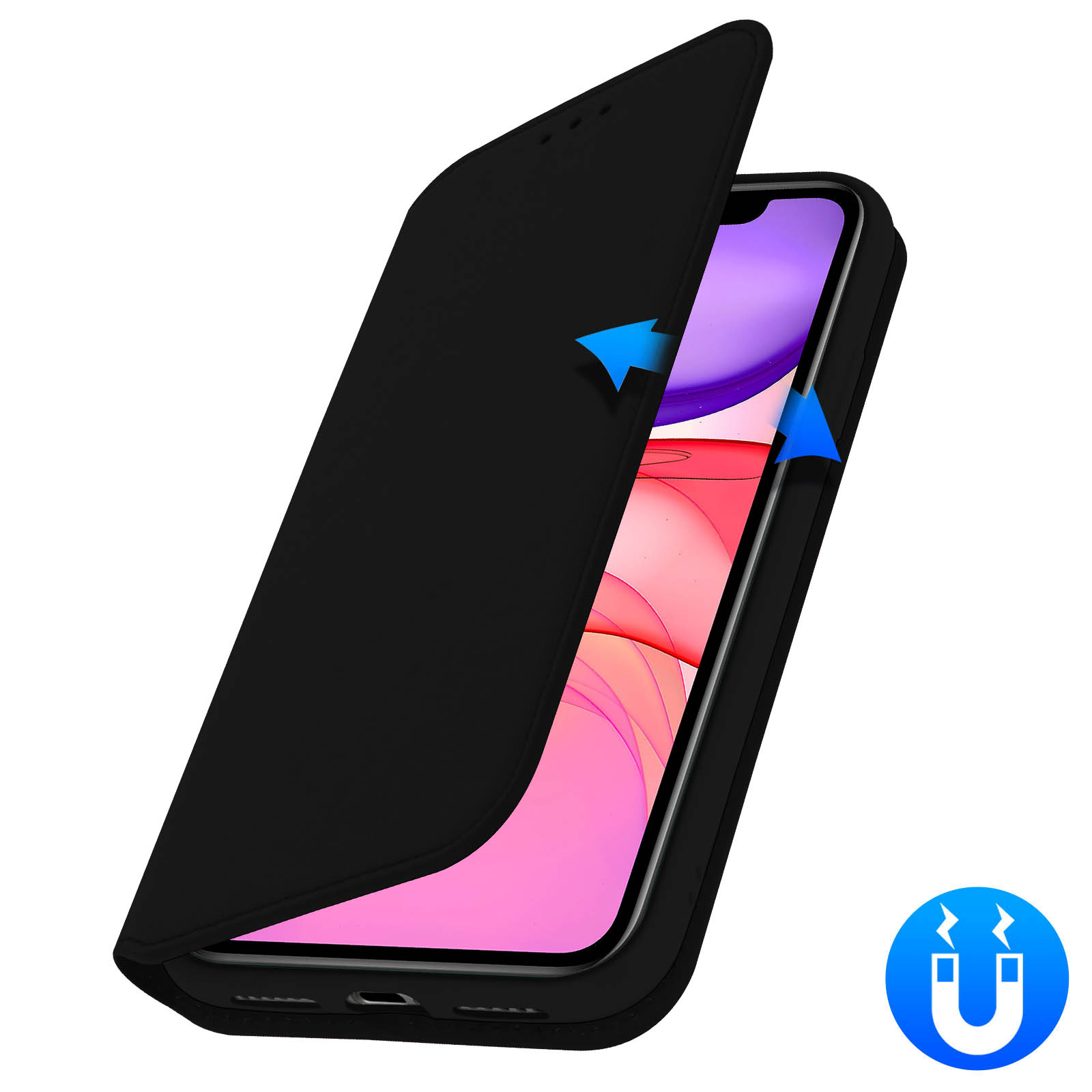 Zwarte telefoonhoes, open. Telefoon zit erin, toont een kleurrijke achtergrond.