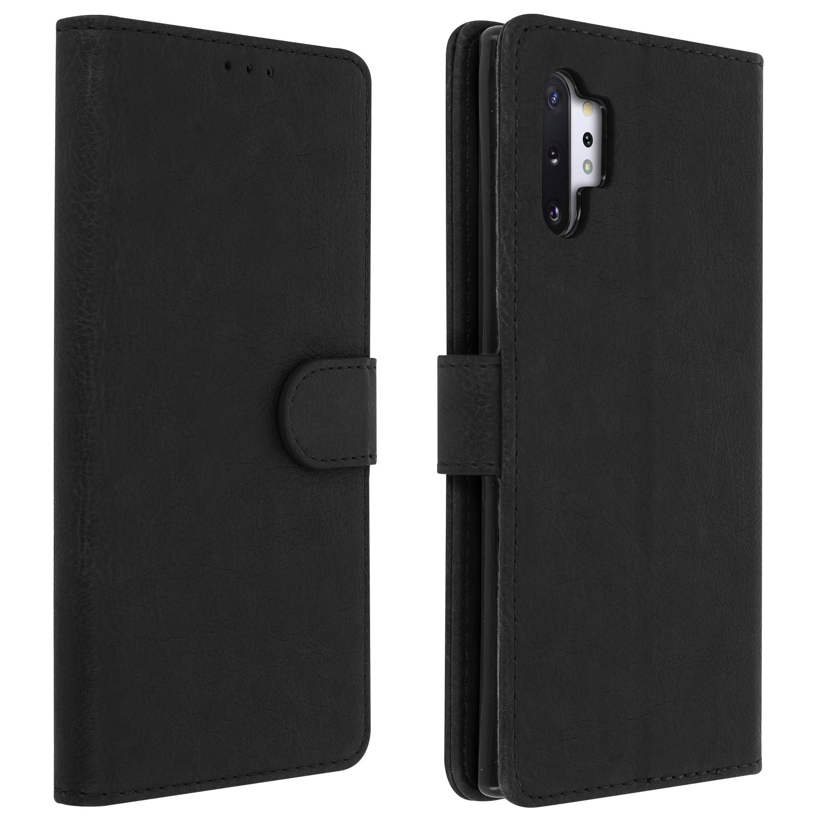 Zwarte leren telefoonhoes, open. Voorzien van een knoopsluiting. Telefoon zichtbaar binnenin.