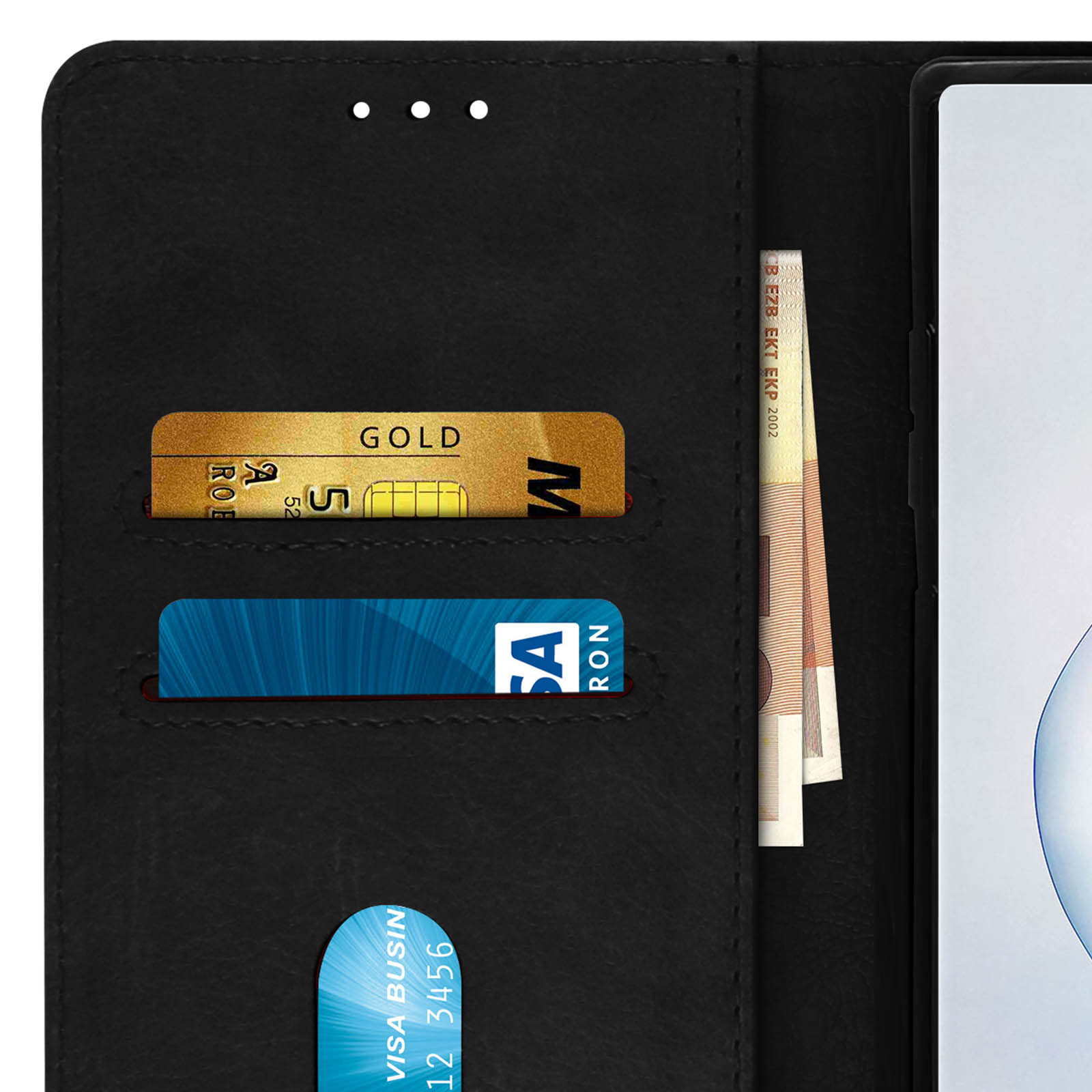 Zwarte telefoonhoes open met kaarten. Meerdere kaarten zichtbaar, waaronder een VISA-kaart.