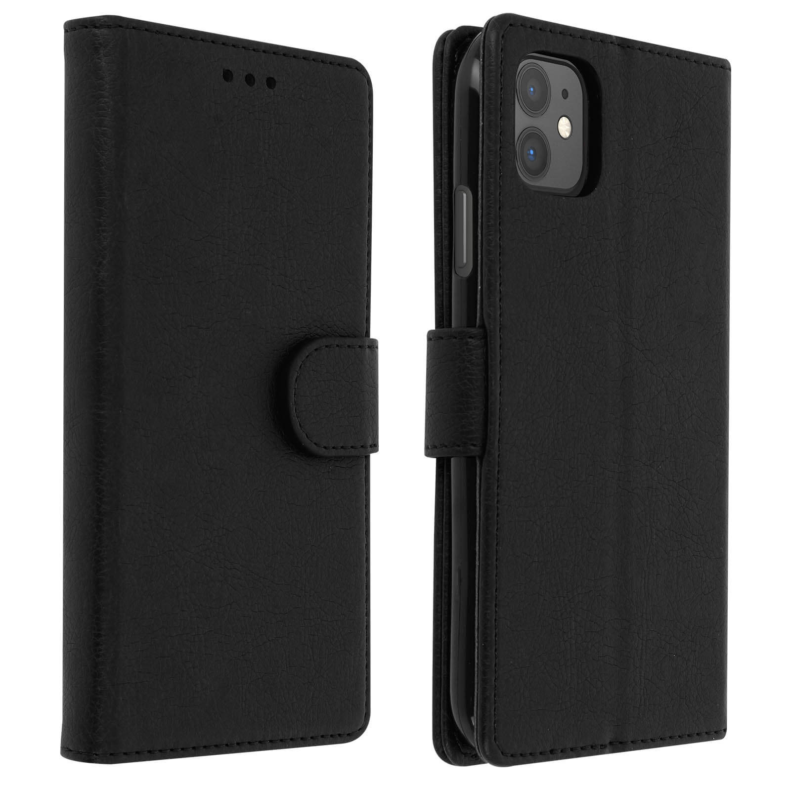 Coque de téléphone noire, fermée et ouverte. Intérieur montre le téléphone, cuir noir.