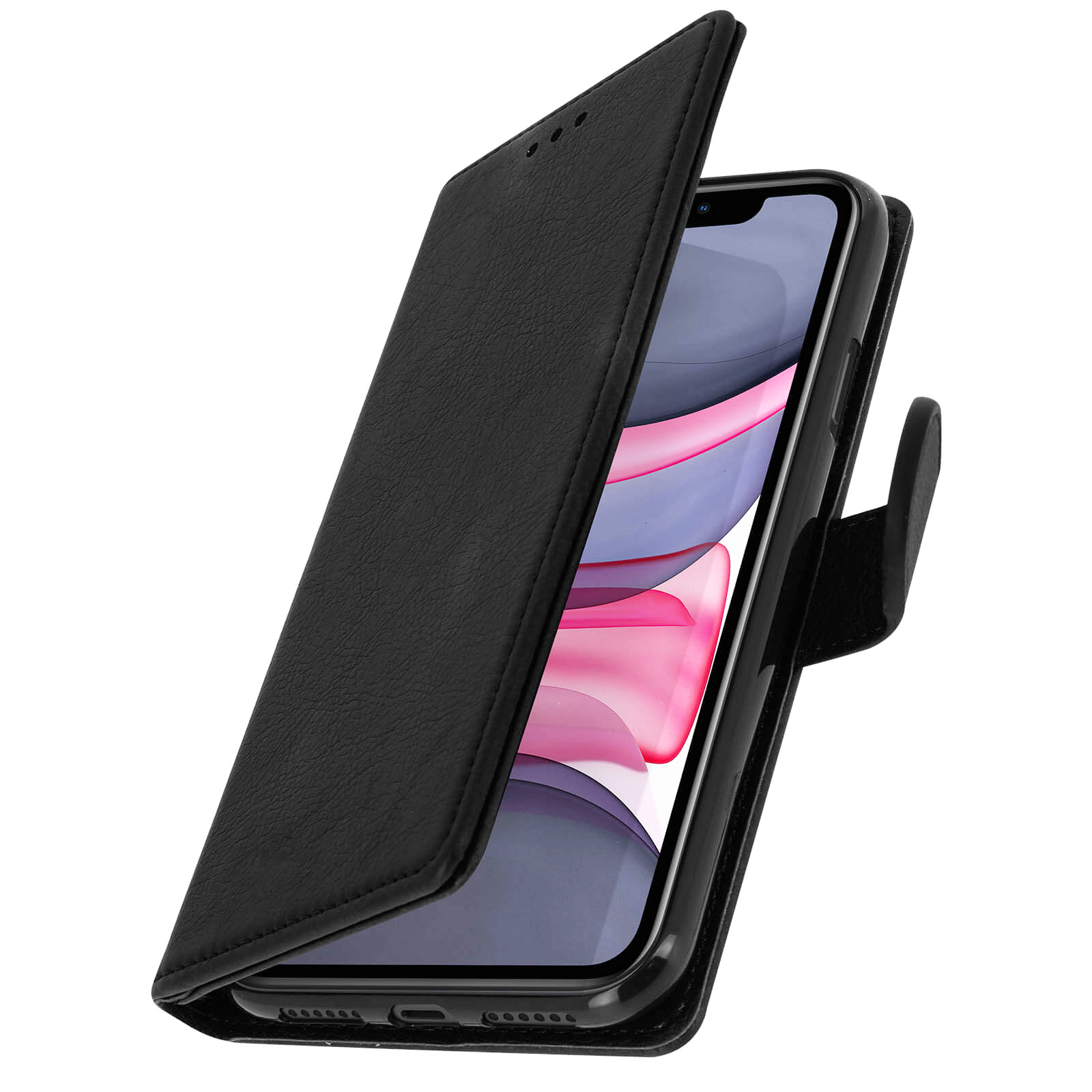 Coque de téléphone noire avec couvercle ouvert. L'écran du téléphone est visible.