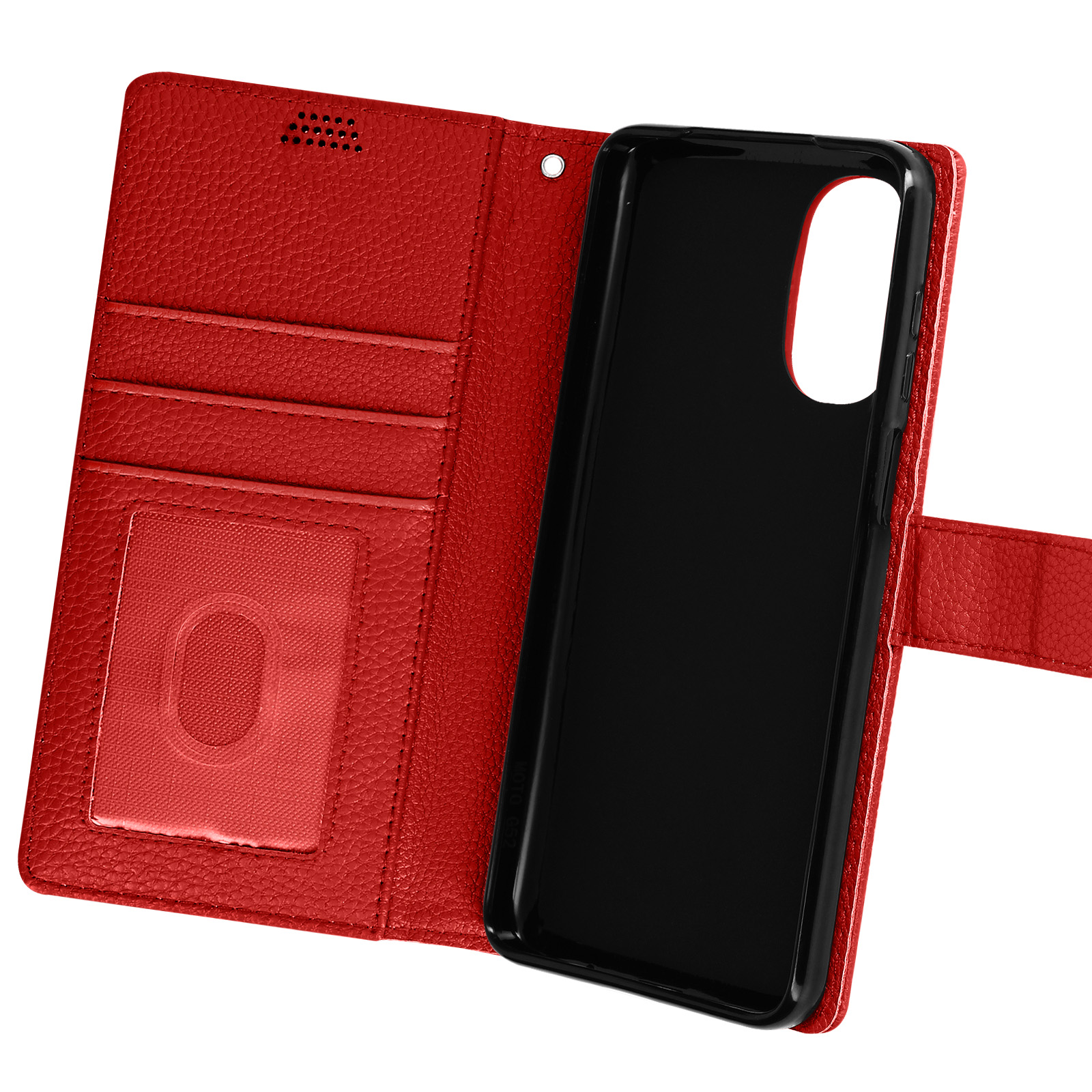 Custodia per telefono in pelle rossa aperta. Ha fessure per carte e un telefono nero all'interno.