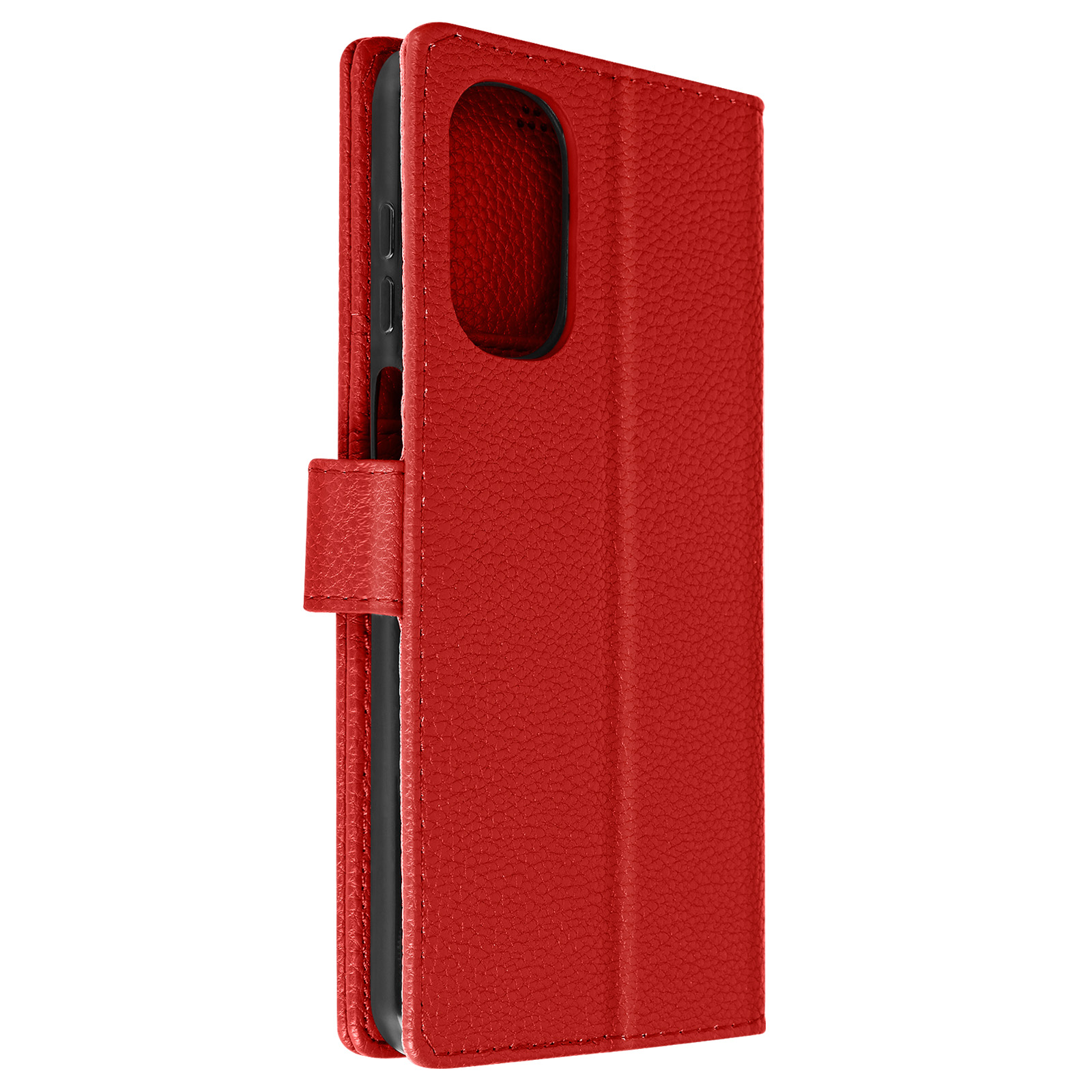 Custodia per telefono in pelle rossa, aperta. Il telefono è all'interno e la chiusura è visibile.