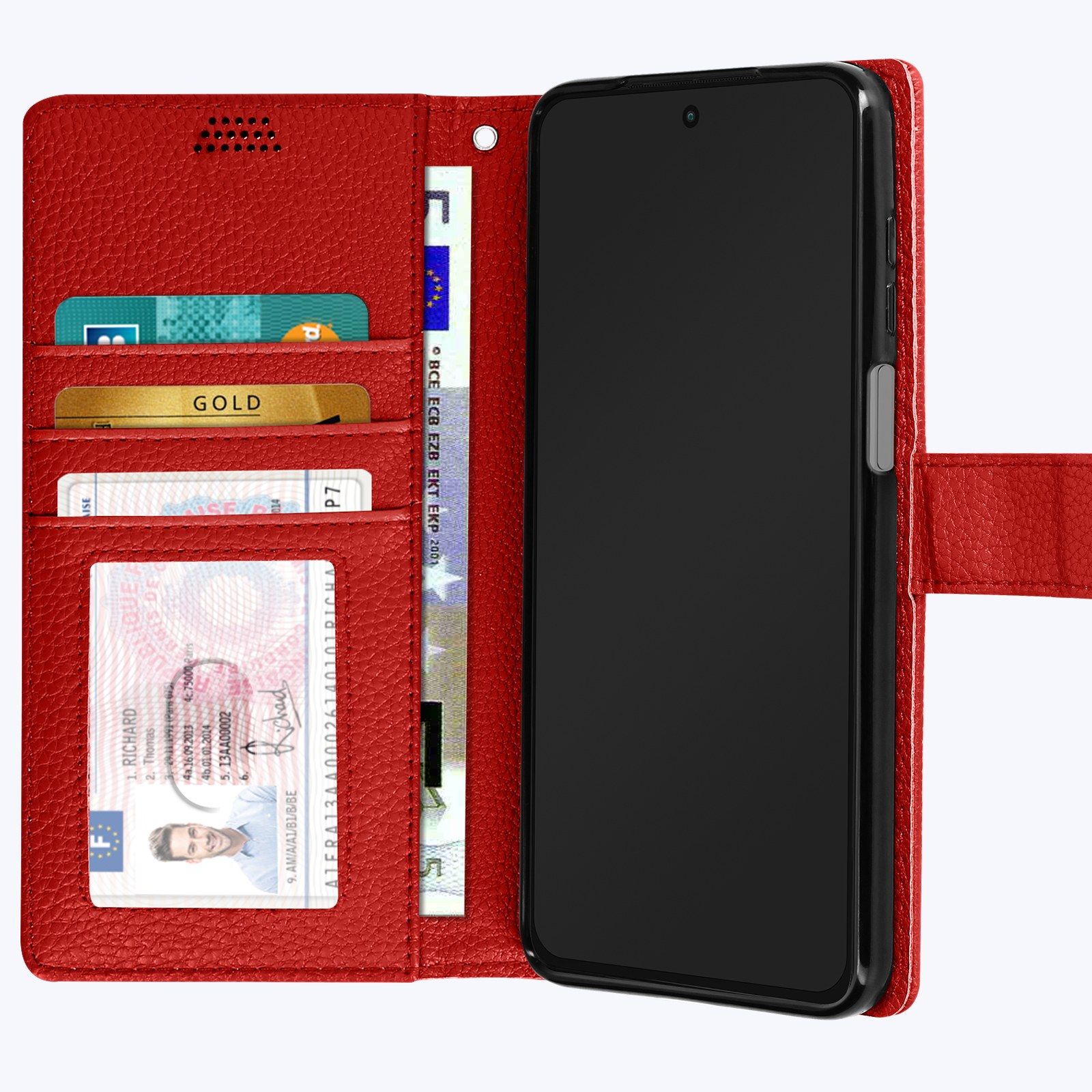 Custodia del telefono rossa aperta con carte di credito, carta d'identità e denaro. Un telefono è all'interno. Sfondo nero.