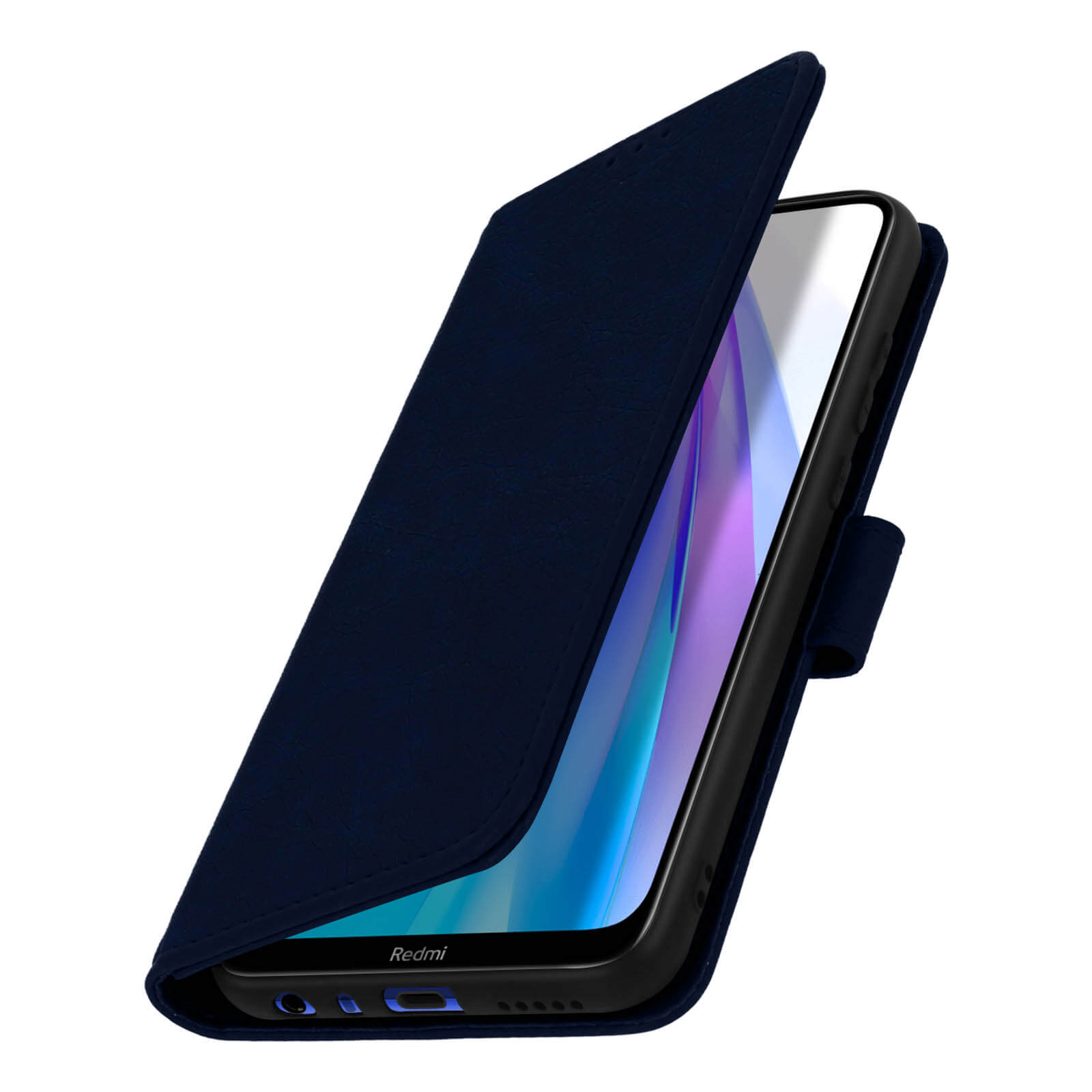 Custodia blu Redmi aperta. Lo schermo del telefono è visibile.