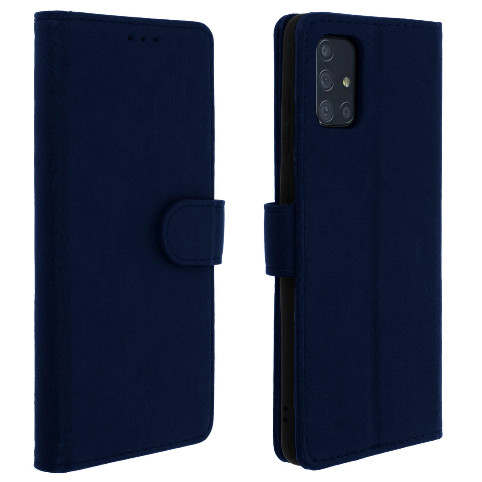Étui de téléphone bleu fermé avec téléphone. Fond blanc.