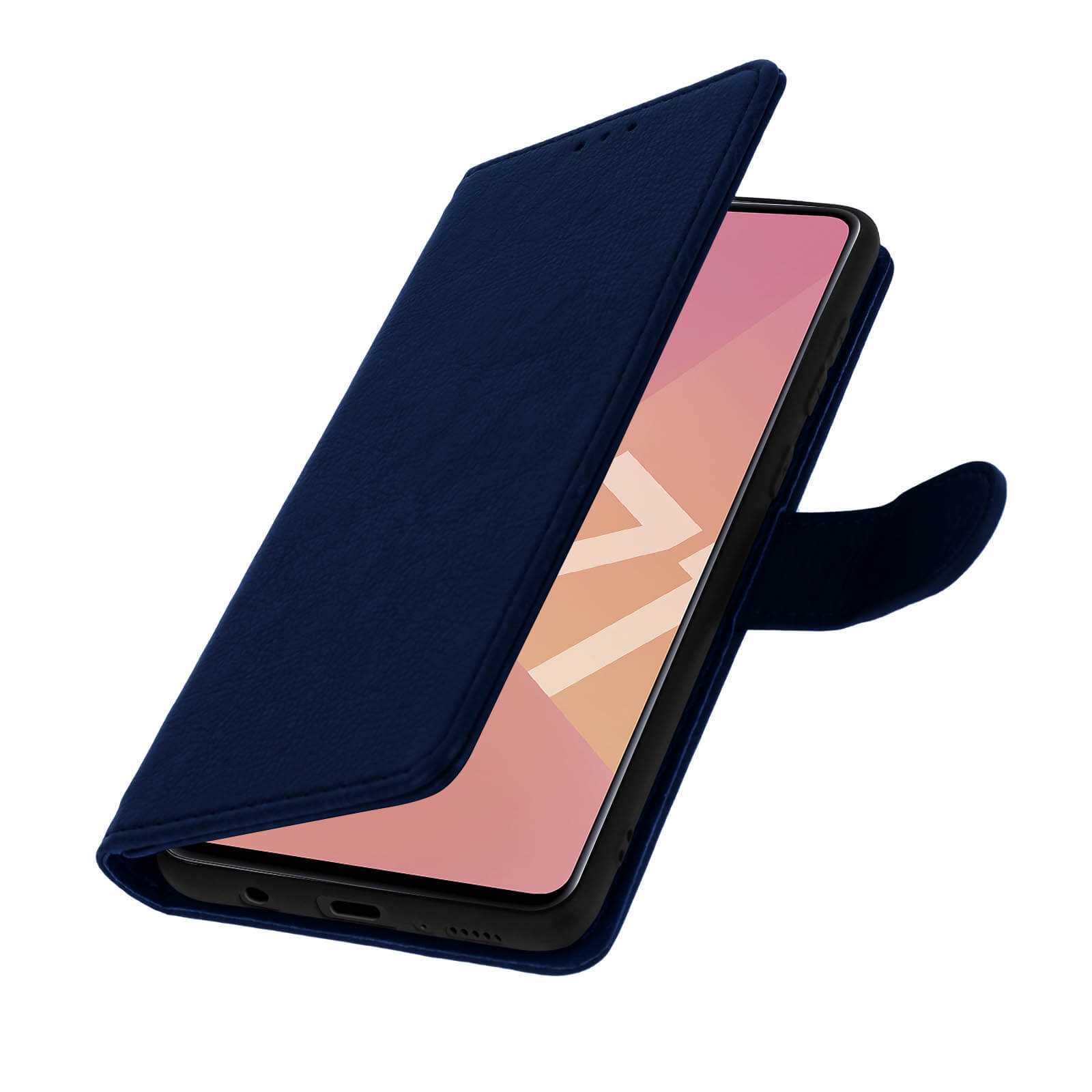 Un étui de téléphone bleu est ouvert, révélant un smartphone avec un écran rose et orange.