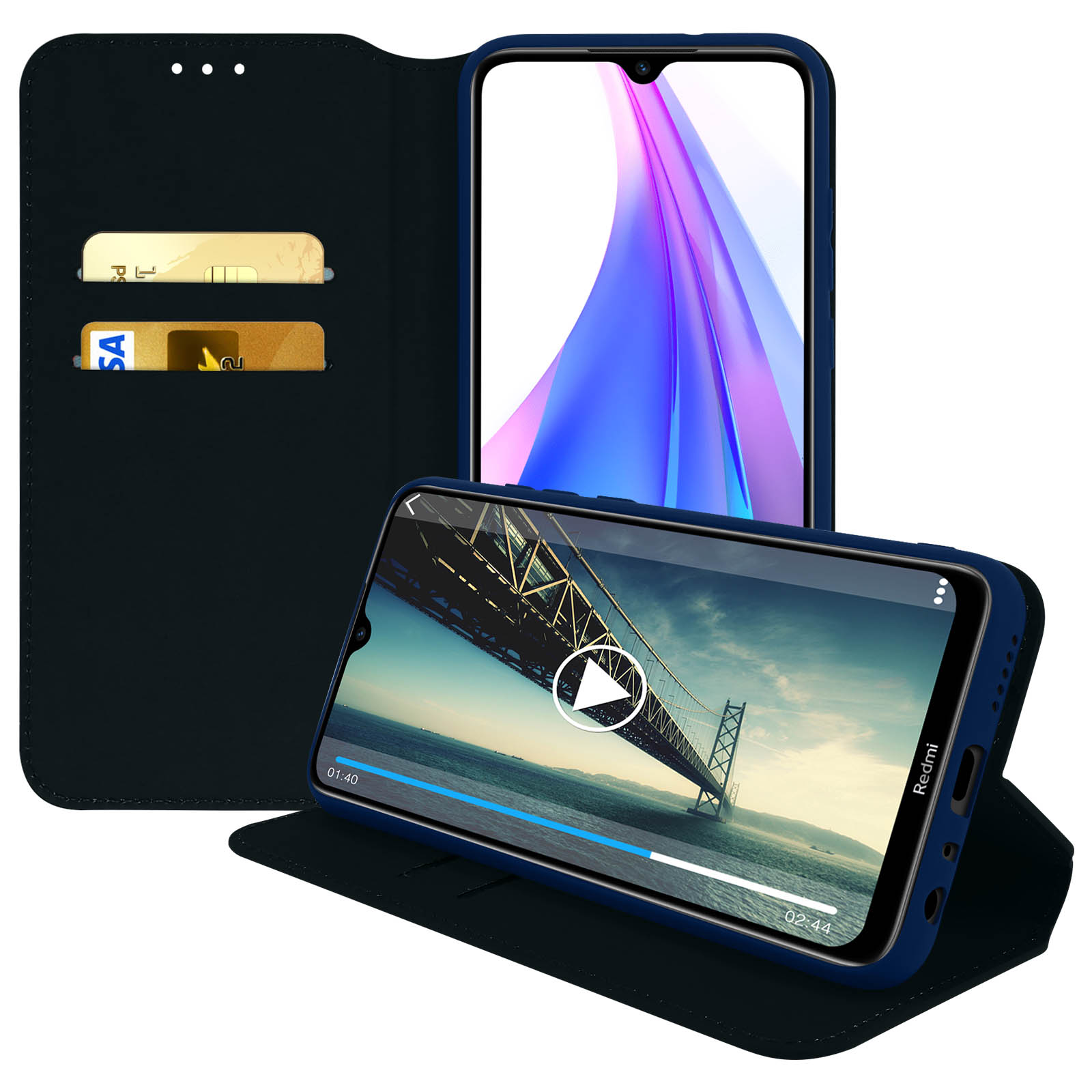 Custodia a portafoglio blu per telefono aperta, che mostra un video sullo schermo e carte.