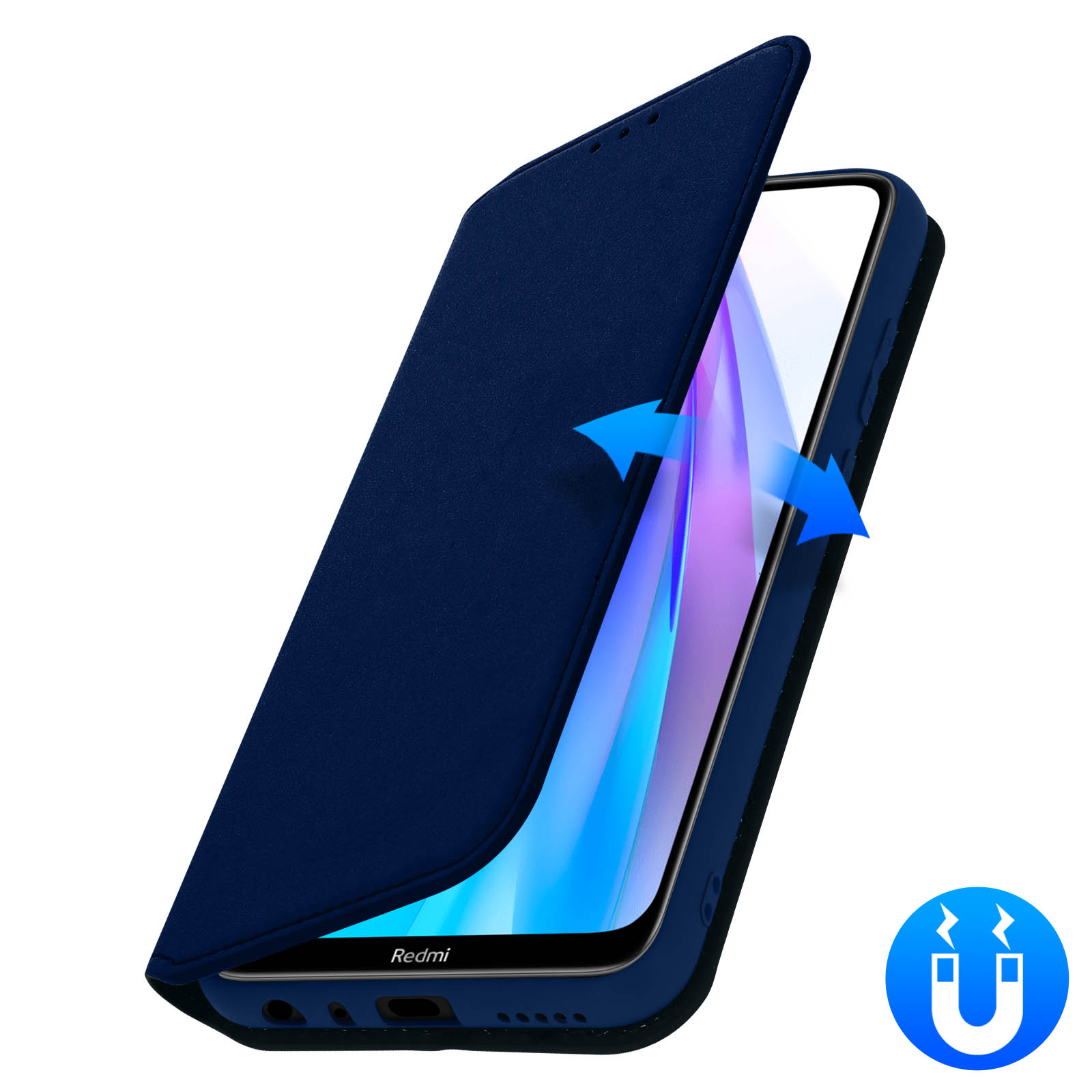 Custodia blu per telefono con coperchio aperto, che mostra lo schermo. Icona magnetica nell'angolo.