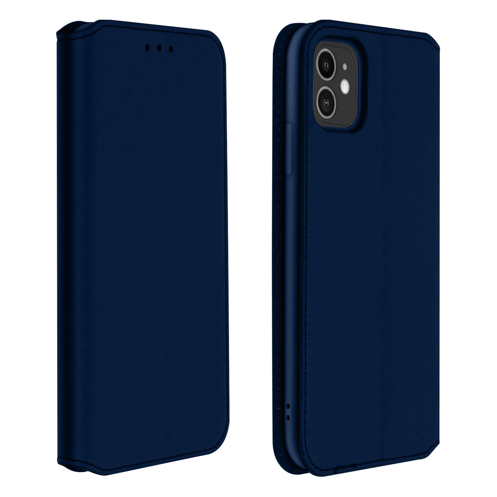Twee marineblauwe telefoonhoesjes; één gesloten, één open, met de camera en knoppen van de telefoon.