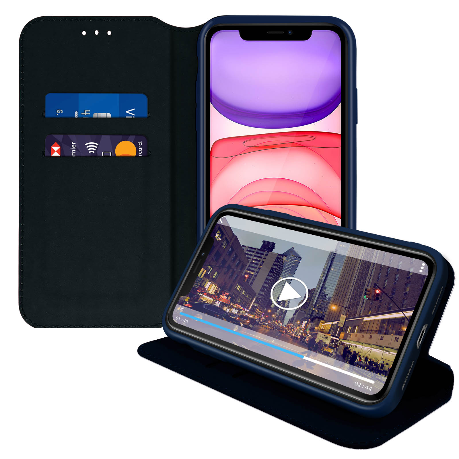 Telefoonhoesje met telefoon die een video afspeelt. Kaarten in de hoes.