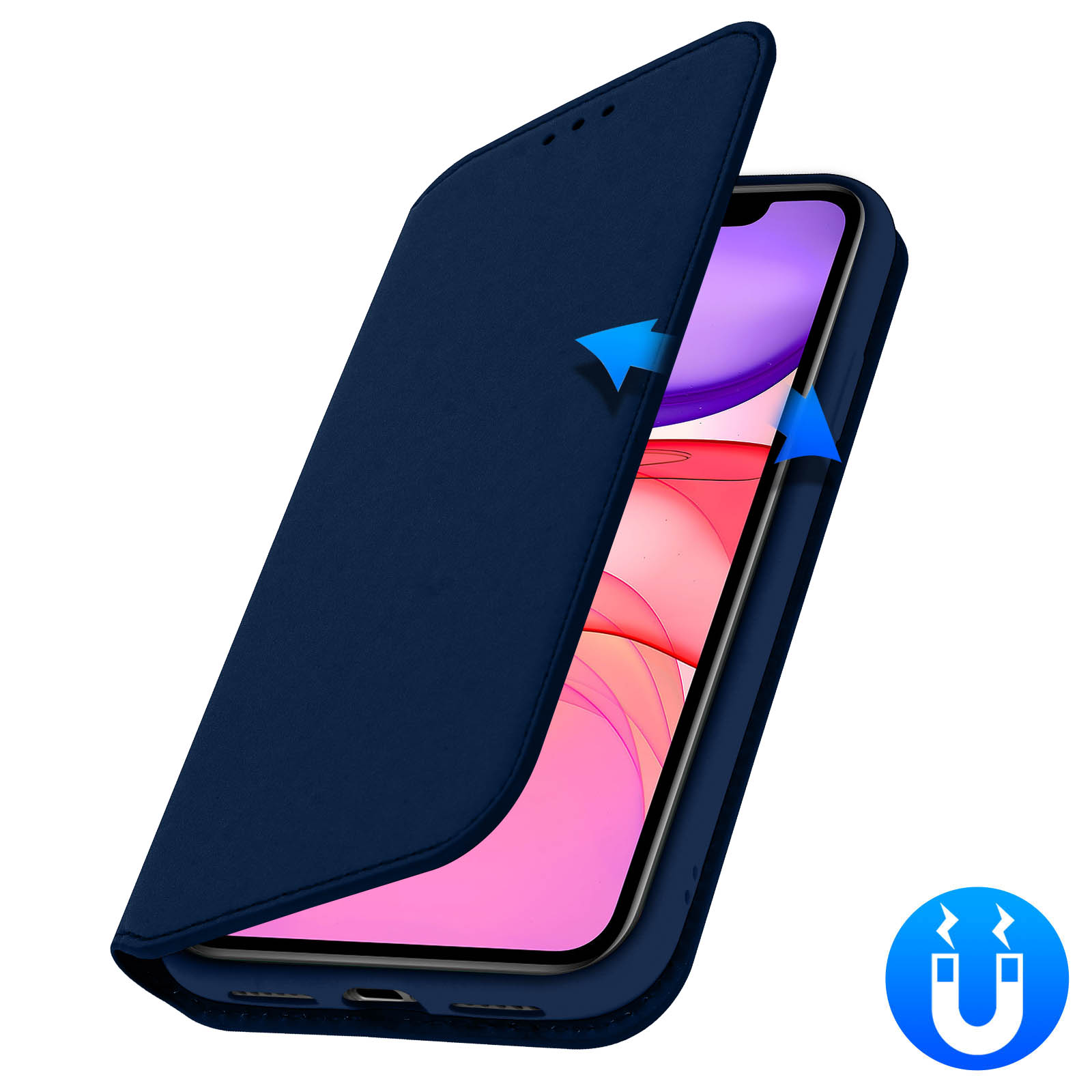 Blauwe telefoonhoes met pijlen, telefoonscherm zichtbaar en een magneetsymbool.