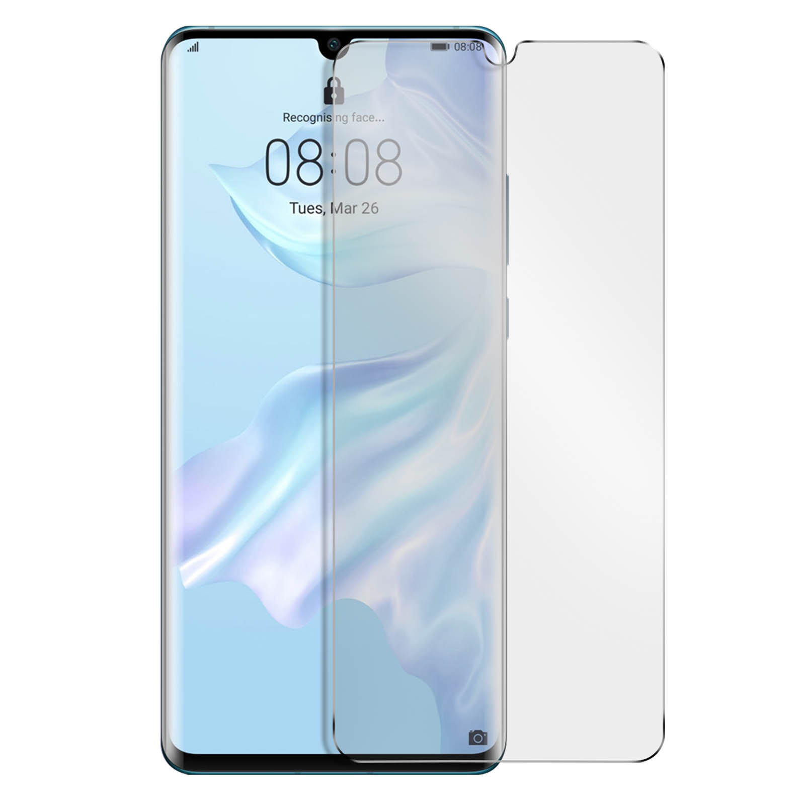 Telefono con protezione. Schermo mostra ora, riconoscimento facciale. Protezione trasparente. Sfondo bianco.