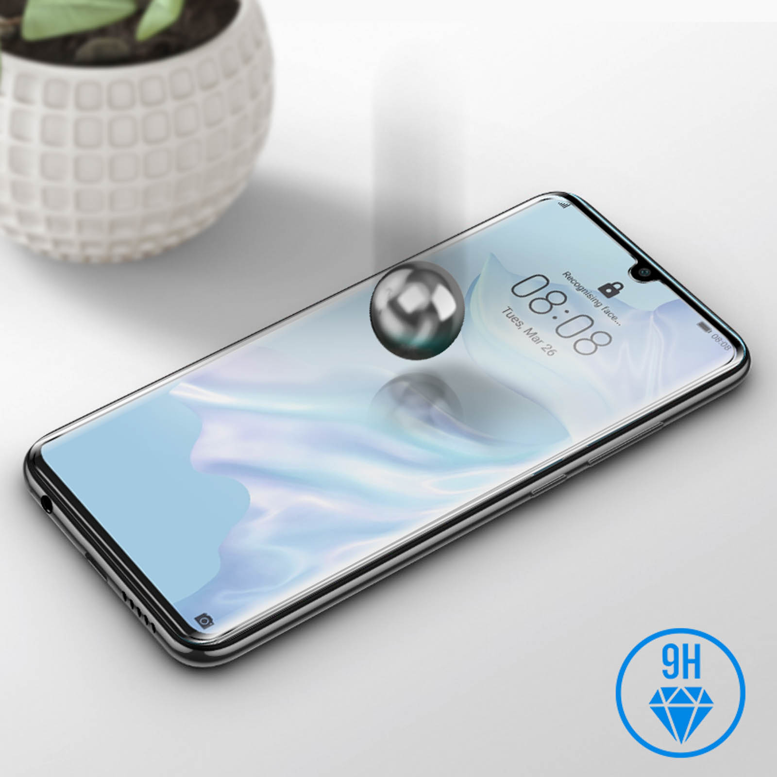 Uno schermo del telefono con una sfera d'argento fluttuante. Lo schermo mostra l'ora e un'icona di lucchetto.