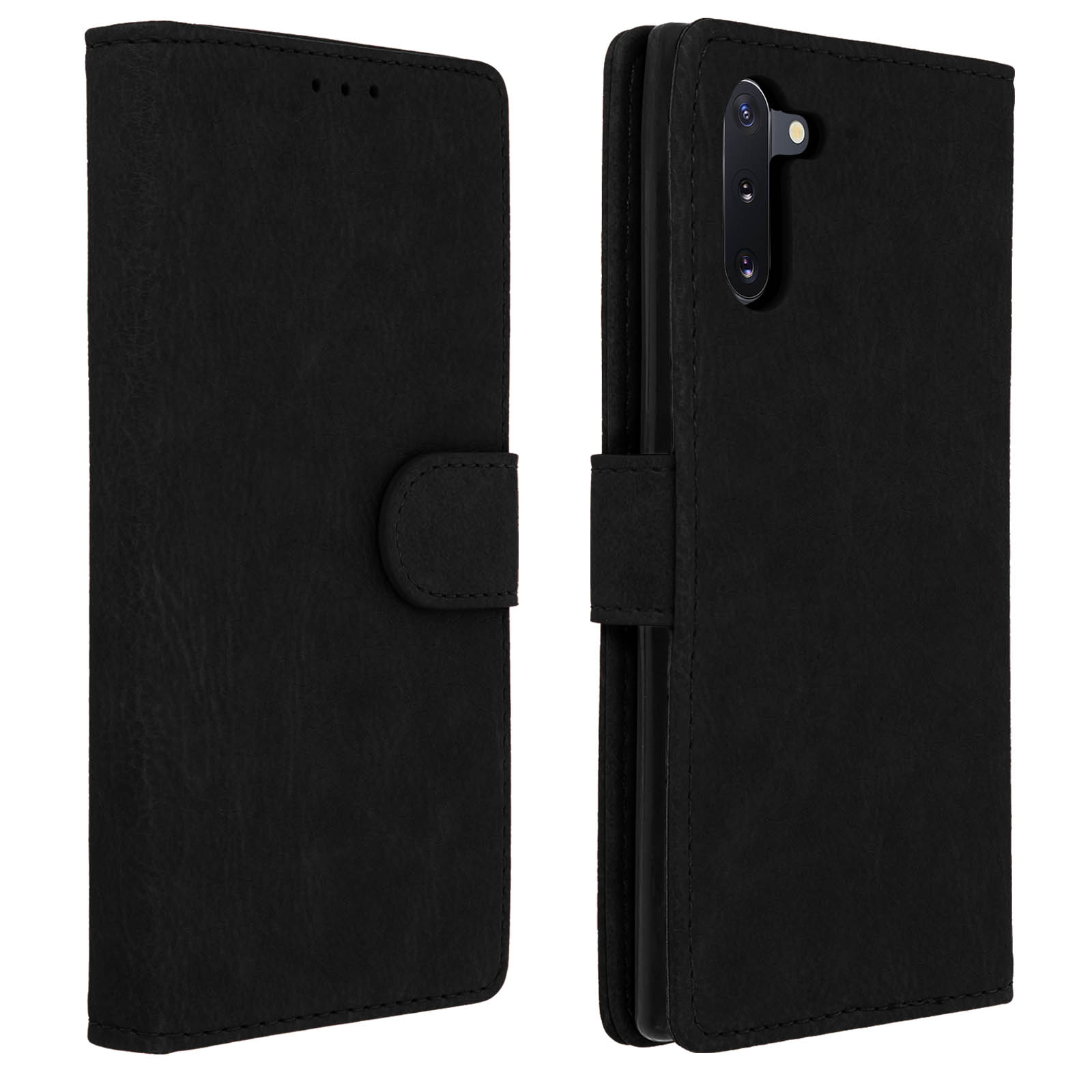 Due smartphone, uno con custodia, l'altro con custodia con un bottone. Entrambi sono neri.