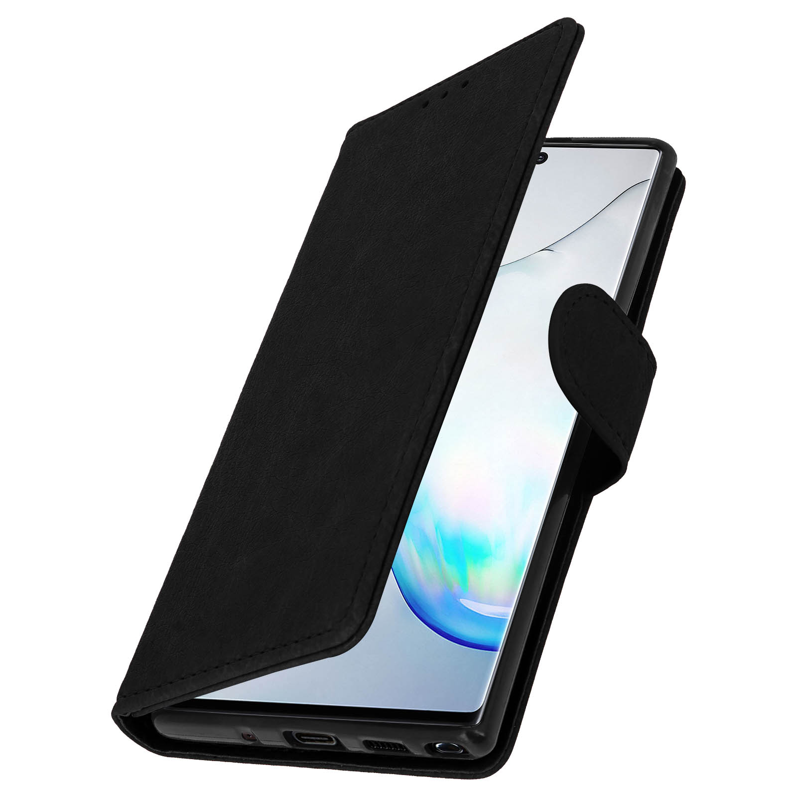 Custodia nera per telefono aperta per mostrare lo schermo del telefono. La custodia ha una chiusura magnetica.