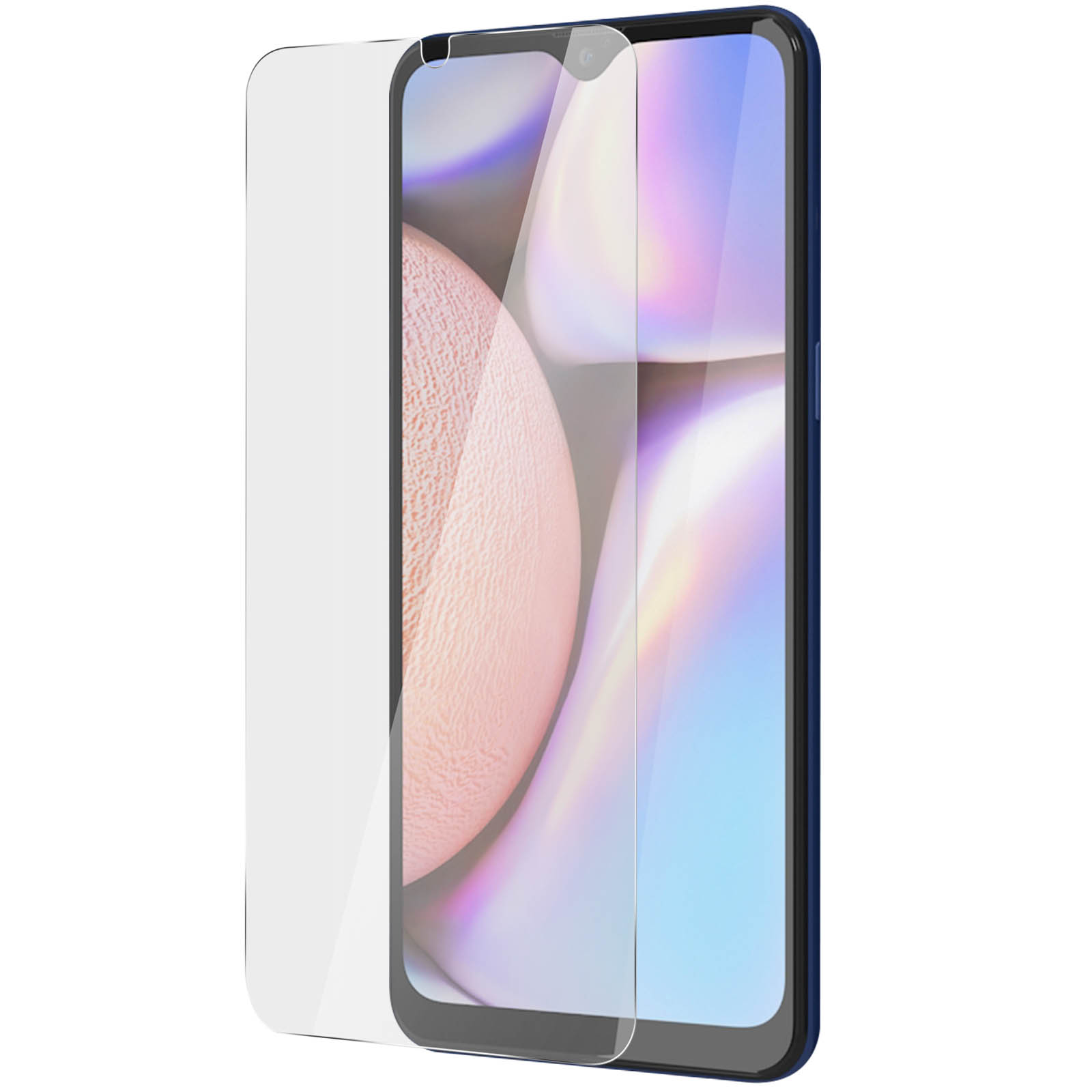 Smartphone met een schermbeschermer. De telefoon toont een roze en blauwe achtergrond.