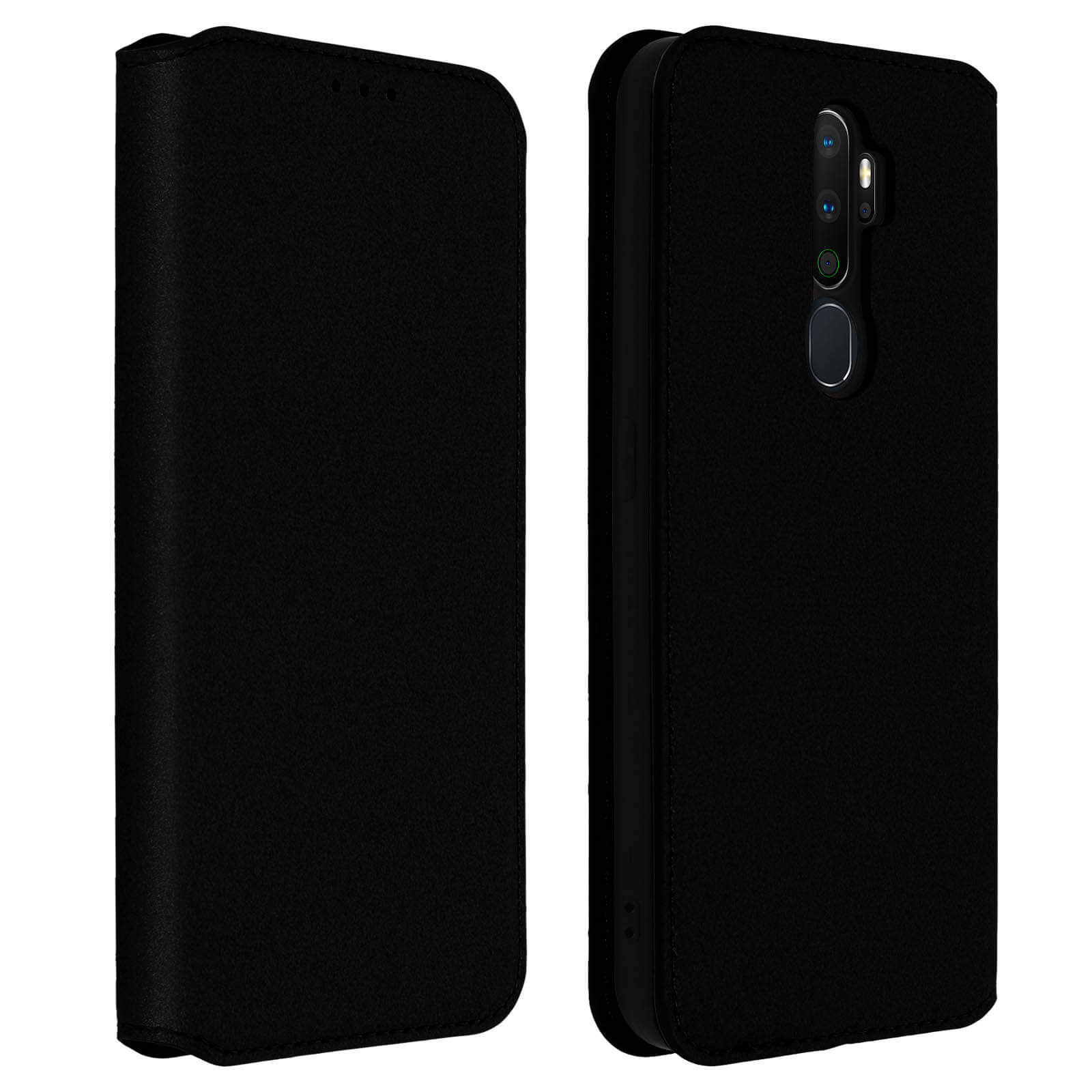 Zwarte telefoonhoes, open en dicht, met een telefoon. Zwarte achtergrond.