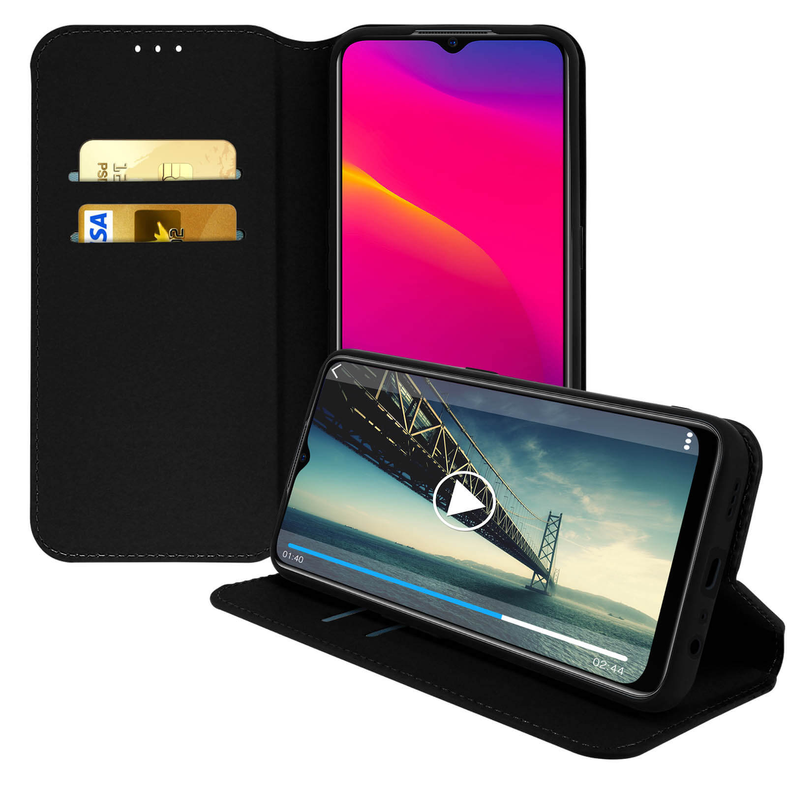 Zwarte telefoonhoes met telefoon die video afspeelt. Twee kaarten in de portemonnee.