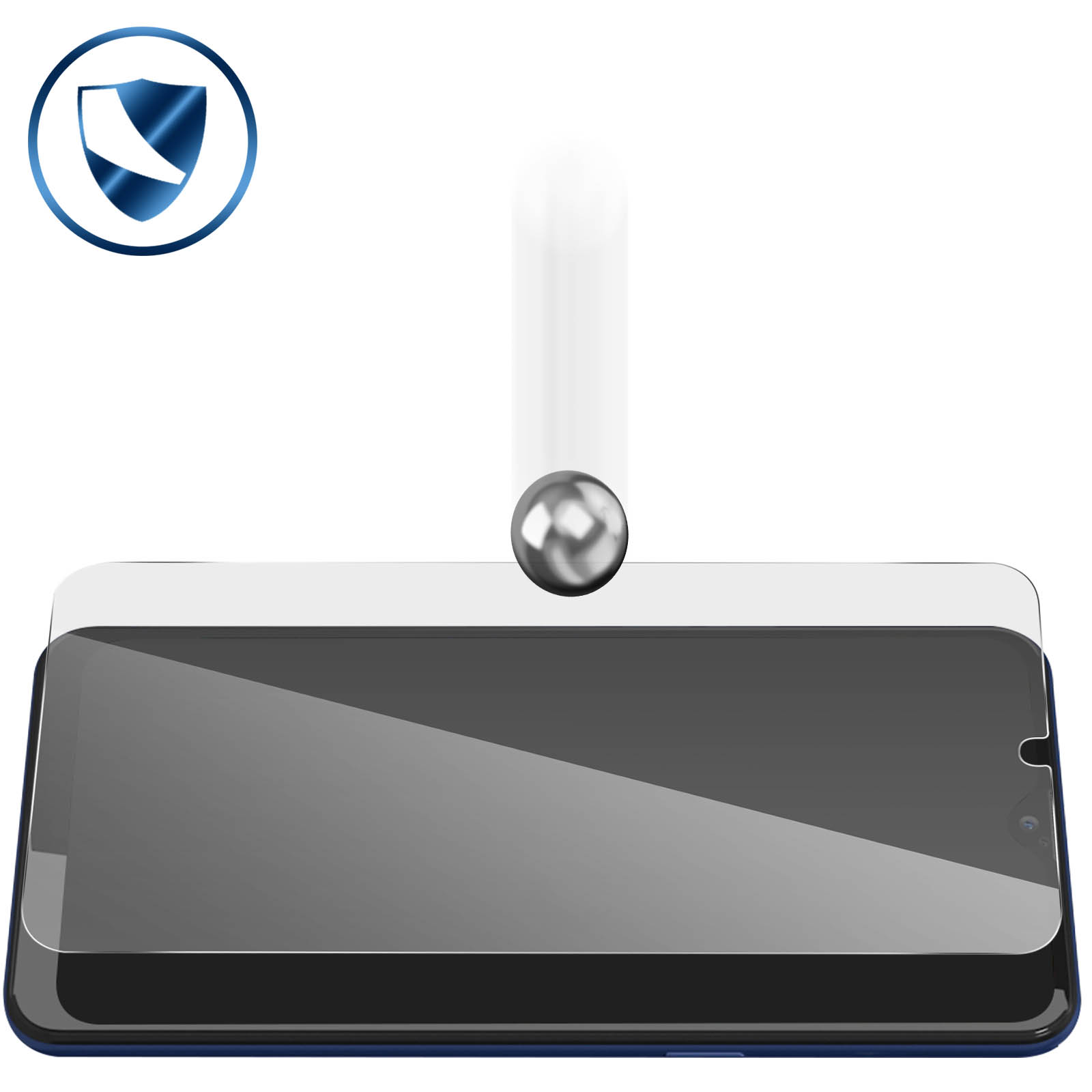 Un écran de téléphone avec un protecteur d'écran en cours d'application. Un logo de bouclier est visible.