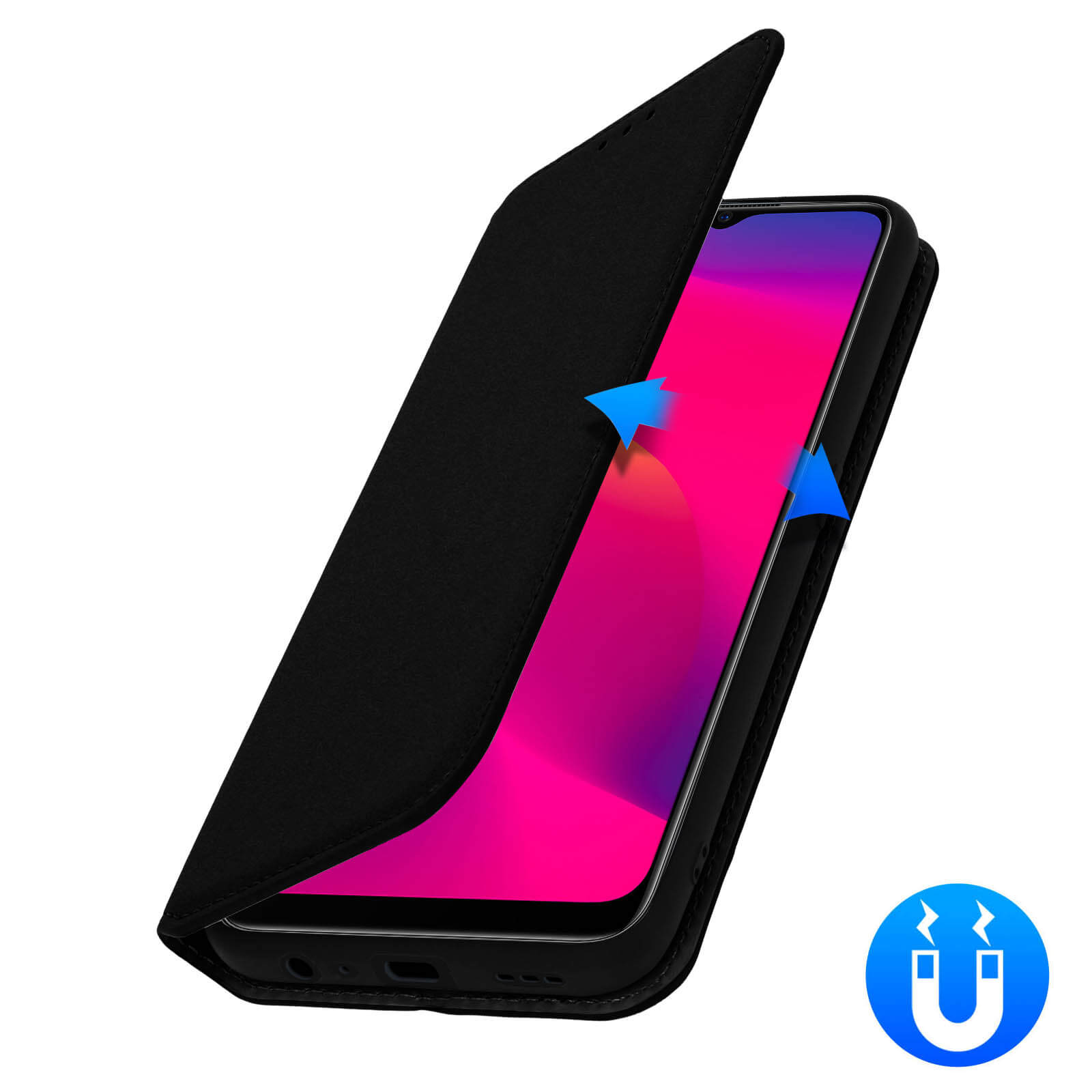 Zwarte telefoonhoes. Het scherm van de telefoon is open, roze en paars.