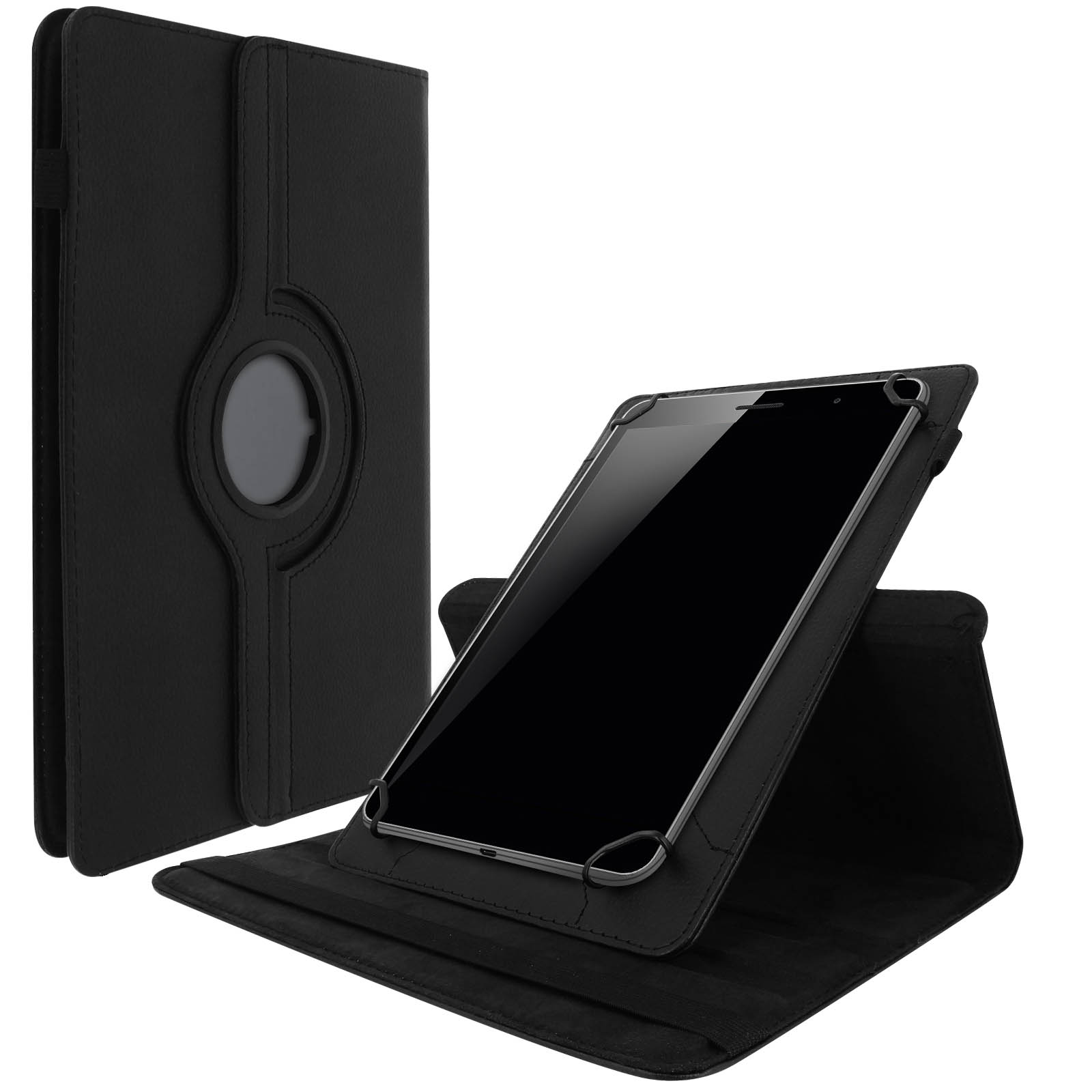 Custodia nera per tablet, tablet inclinato verso l'alto, con schermo nero.