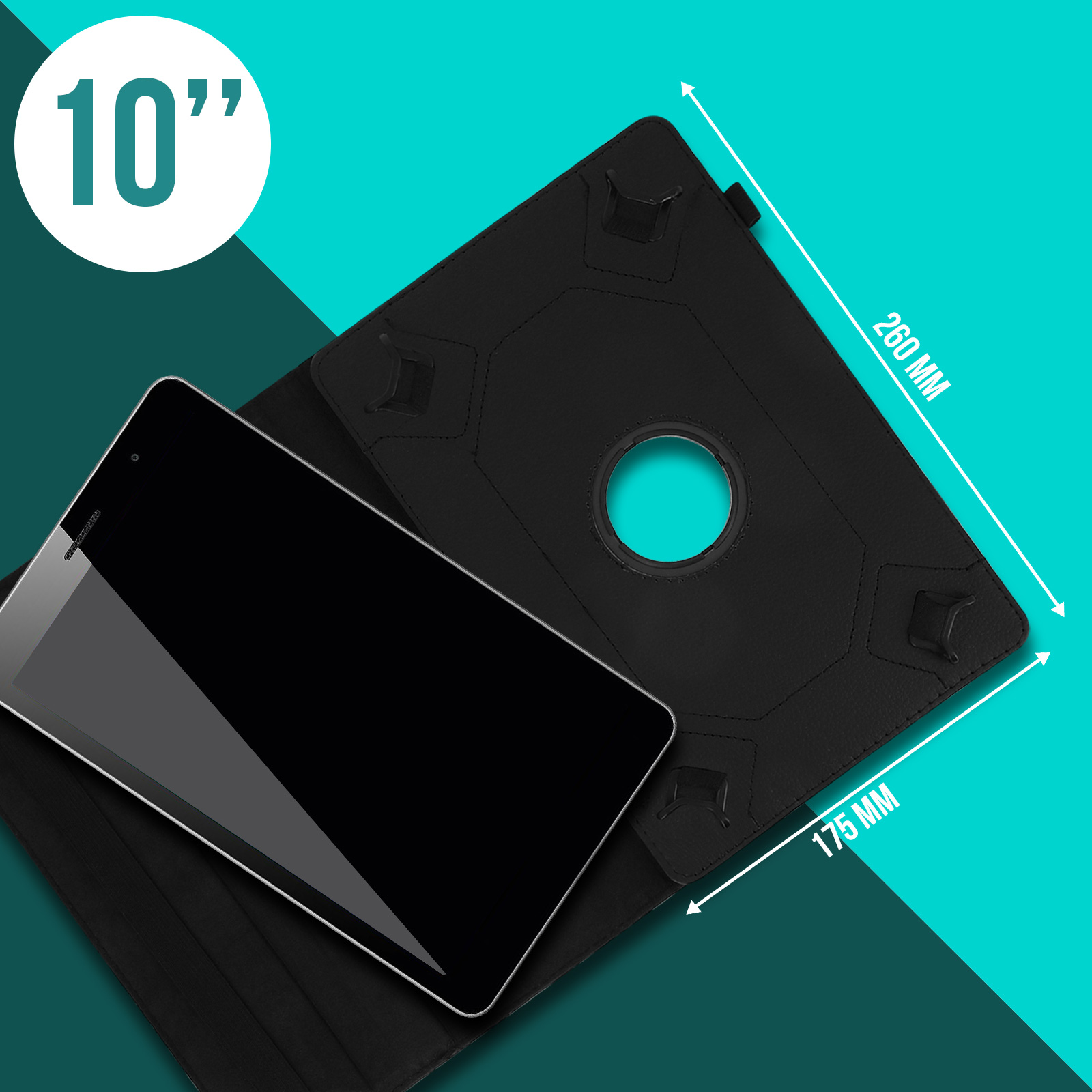 Tablet in custodia nera. La custodia è da 10 pollici, con dimensioni di 260 mm per 175 mm.
