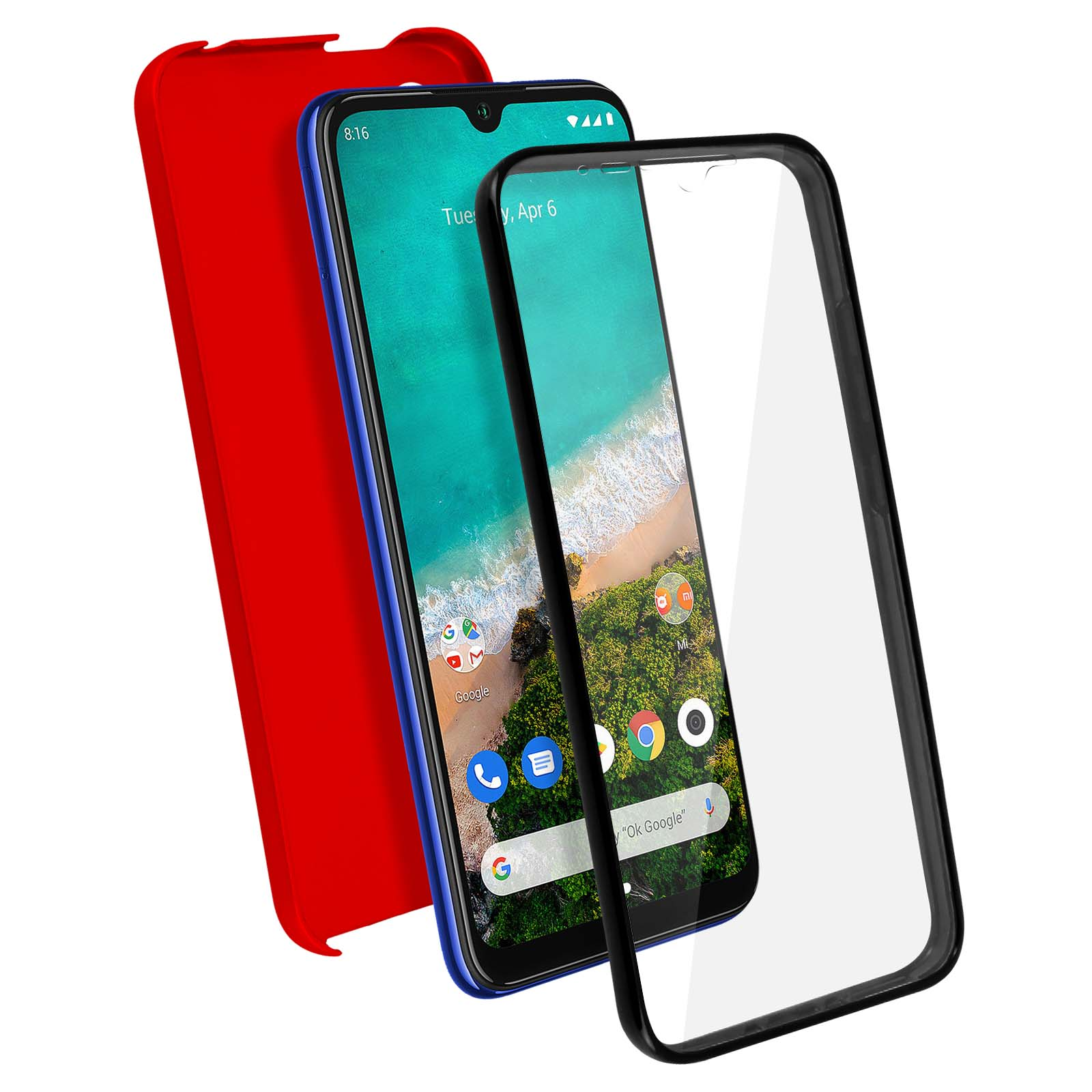 Telefono con protezione schermo e custodia rossa. Il telefono è blu. La protezione è nera.