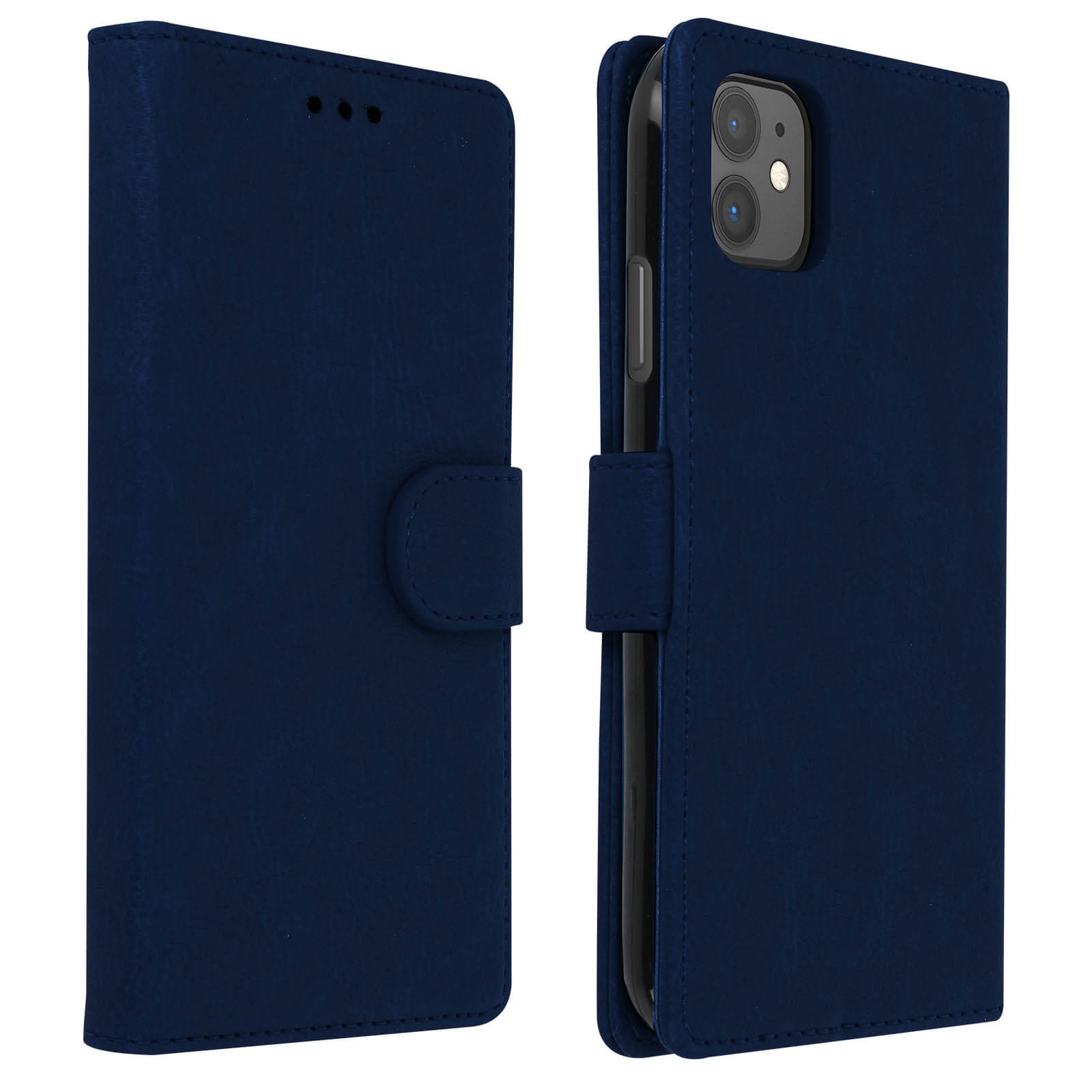 Custodia blu per telefono, aperta e chiusa, mostra uno smartphone. Sfondo bianco.
