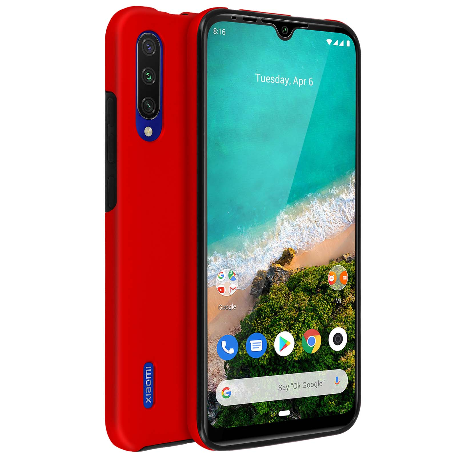 Telefono rosso in una custodia rossa. Lo schermo mostra una scena di spiaggia.