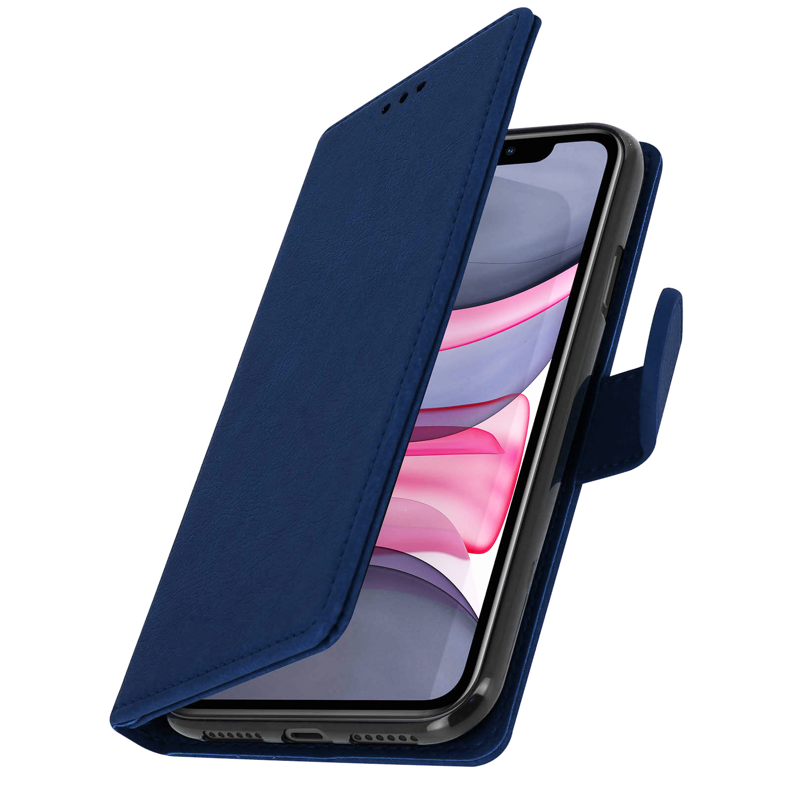 Una custodia blu per telefono è aperta, rivelando lo schermo del telefono. La custodia è in pelle.