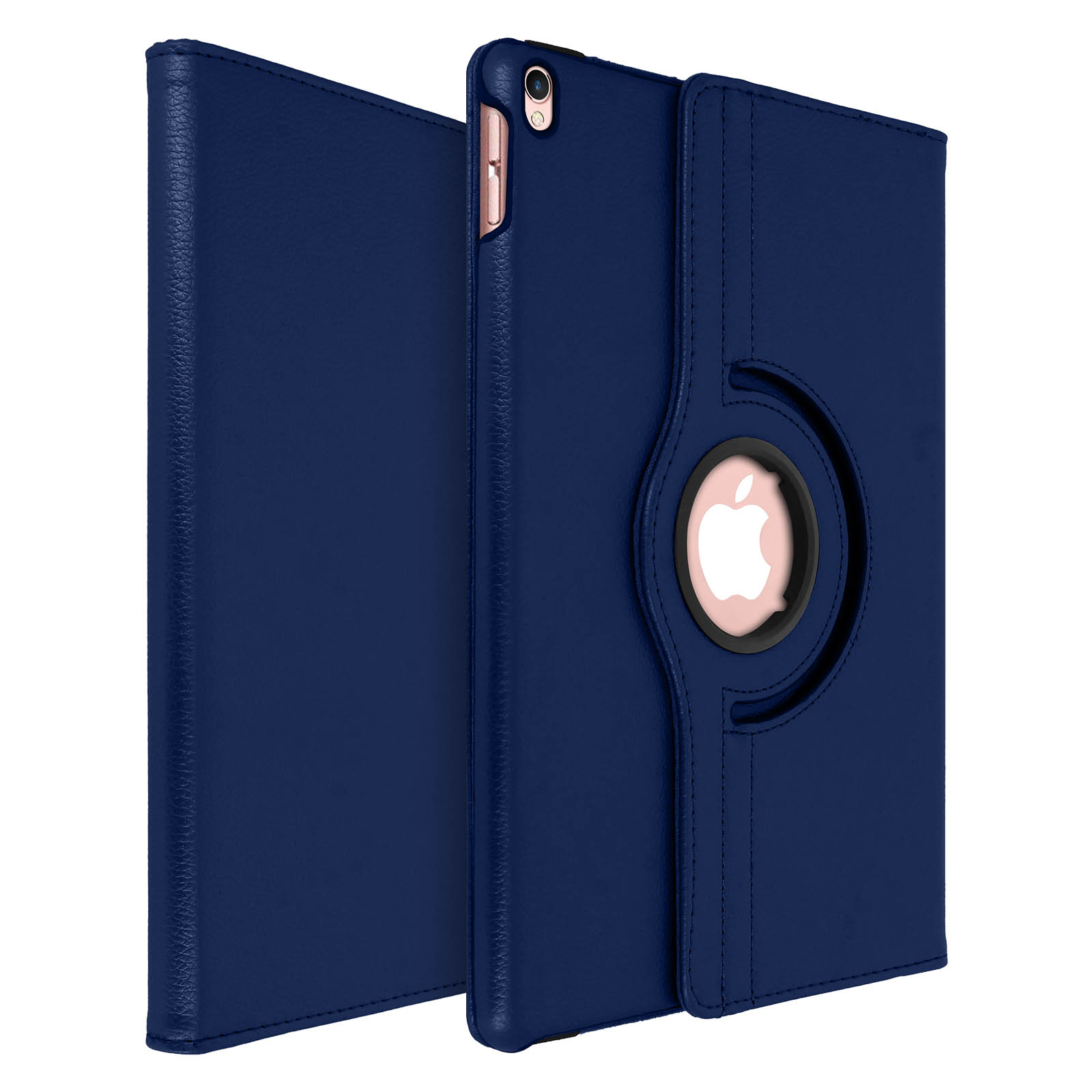 Custodia iPad blu navy. La custodia è aperta, rivelando il logo Apple.