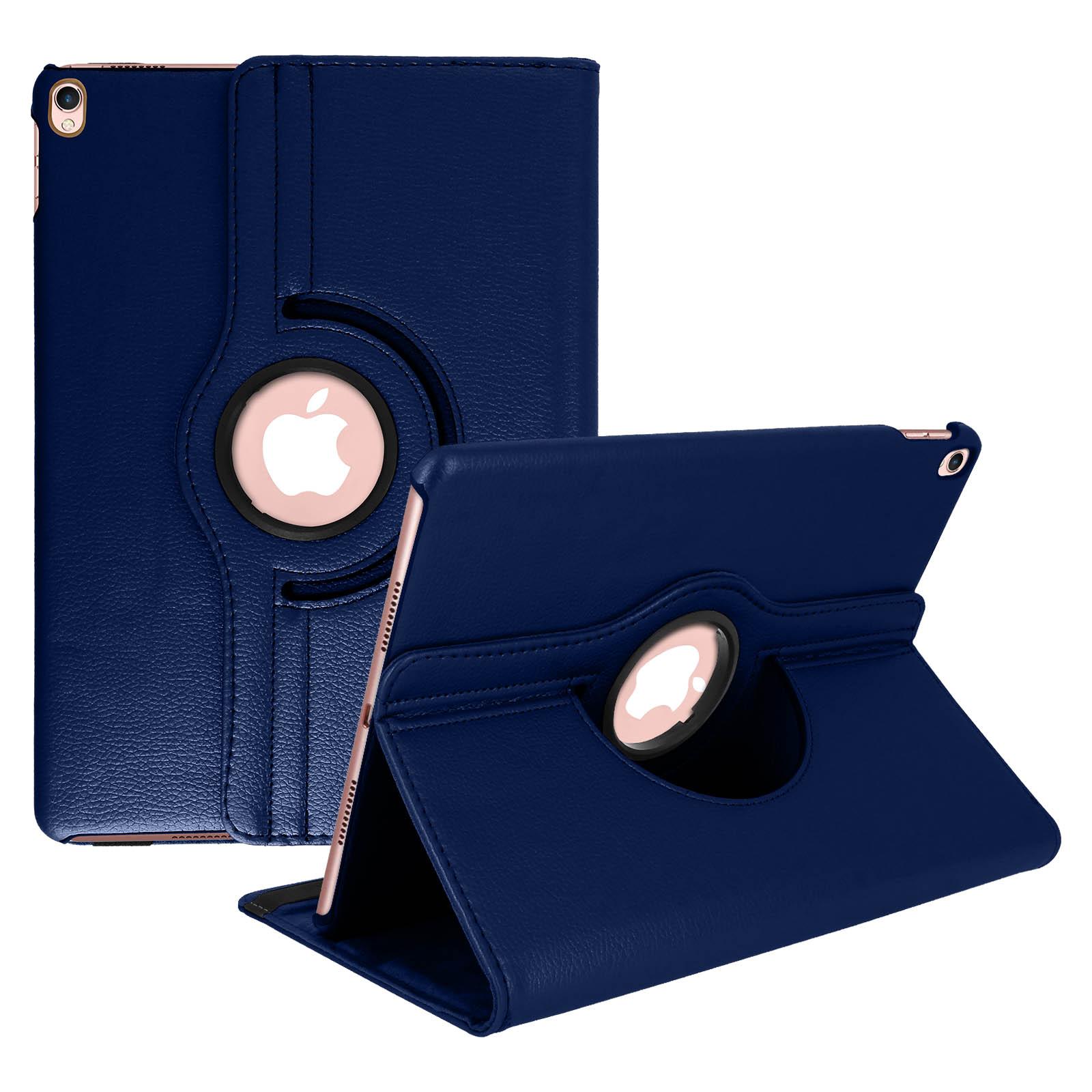Custodia per tablet blu con logo Apple e supporto girevole, su sfondo bianco.
