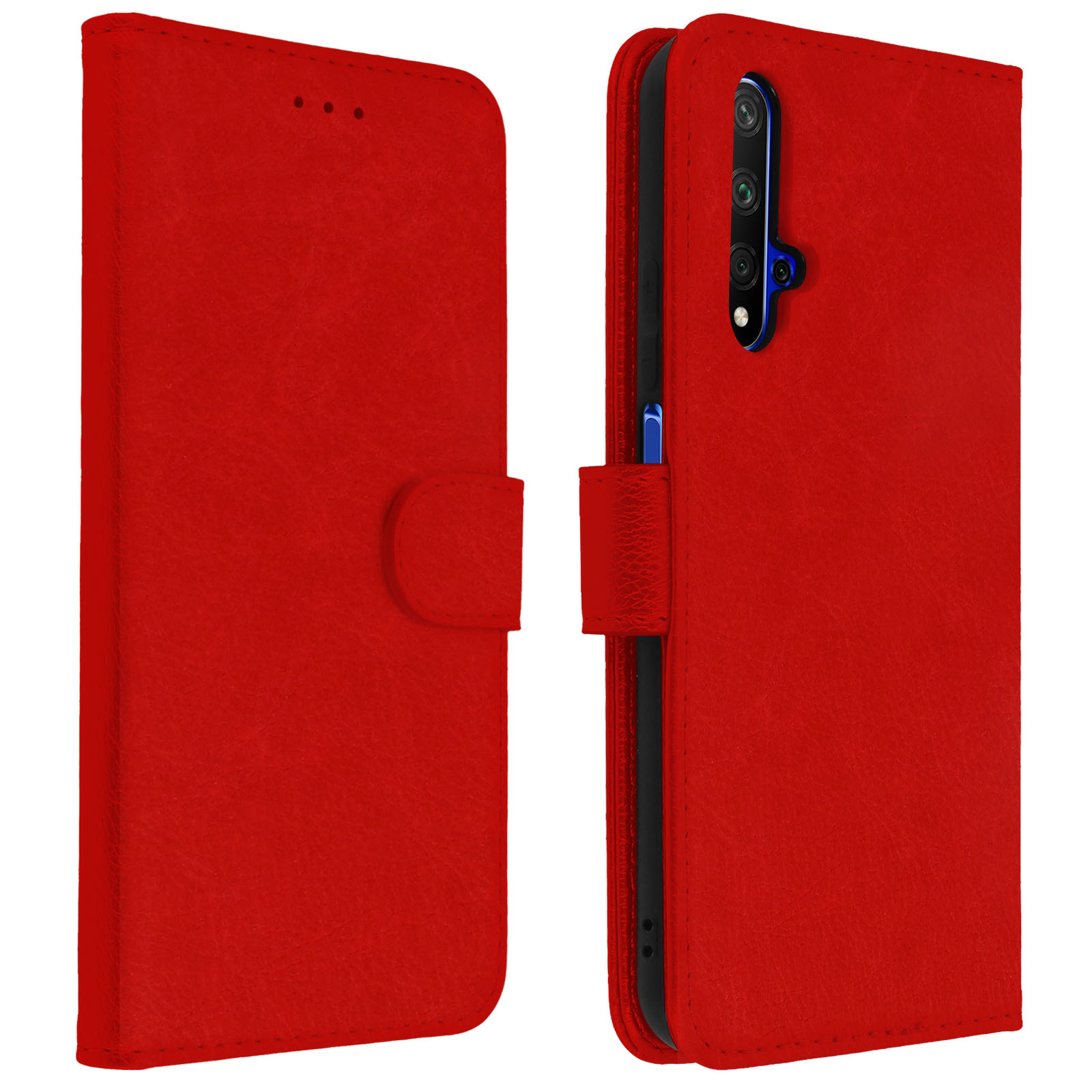 Funda de teléfono roja, cerrada. Aspecto texturizado, similar al cuero.