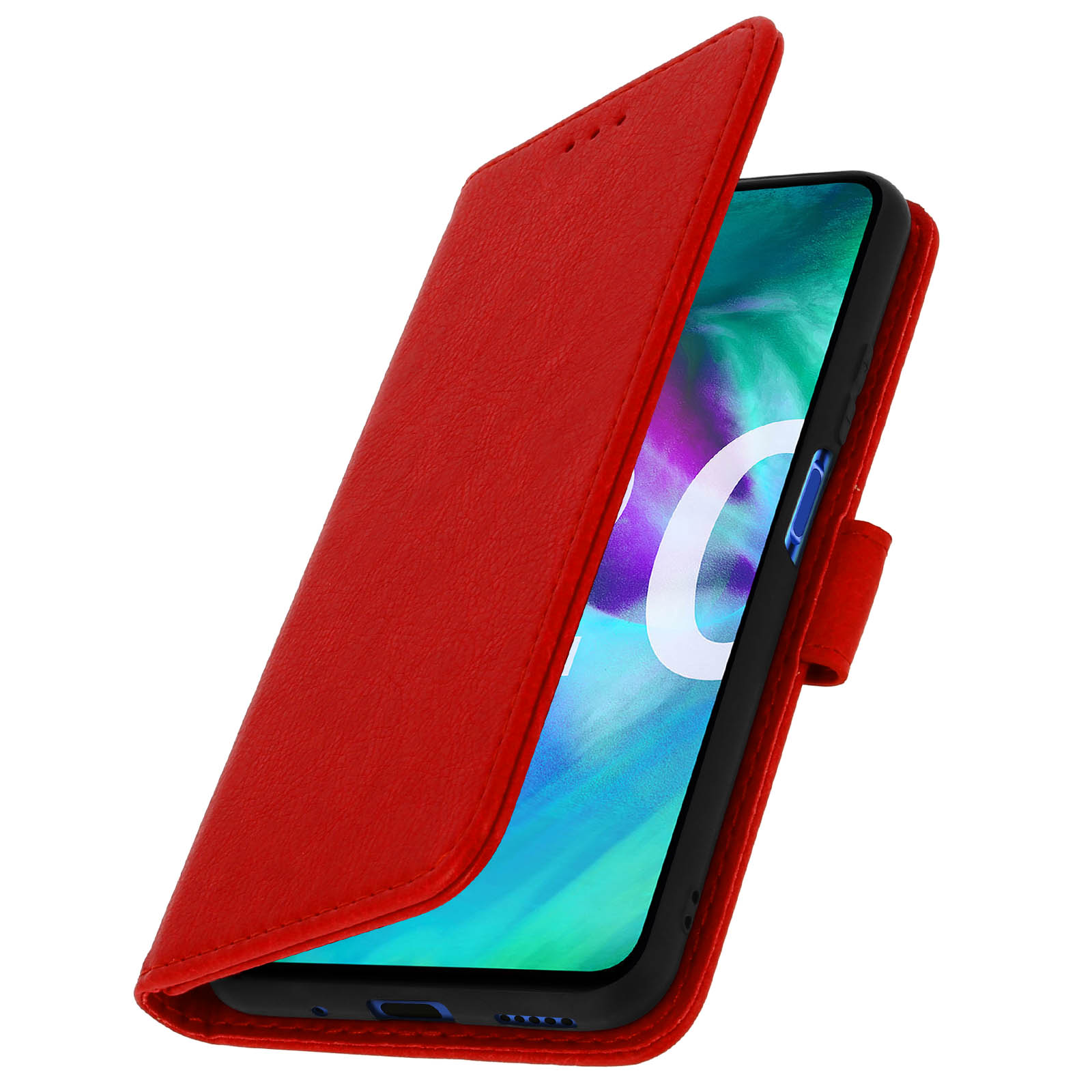 Una funda de teléfono de cuero rojo, abierta, con el teléfono dentro. El fondo es un gris neutro.