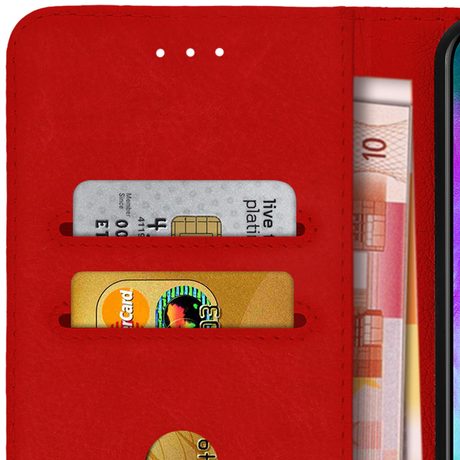 Funda roja para teléfono con ranuras para tarjetas de crédito. Una tarjeta de crédito y un billete de 10 euros visibles.