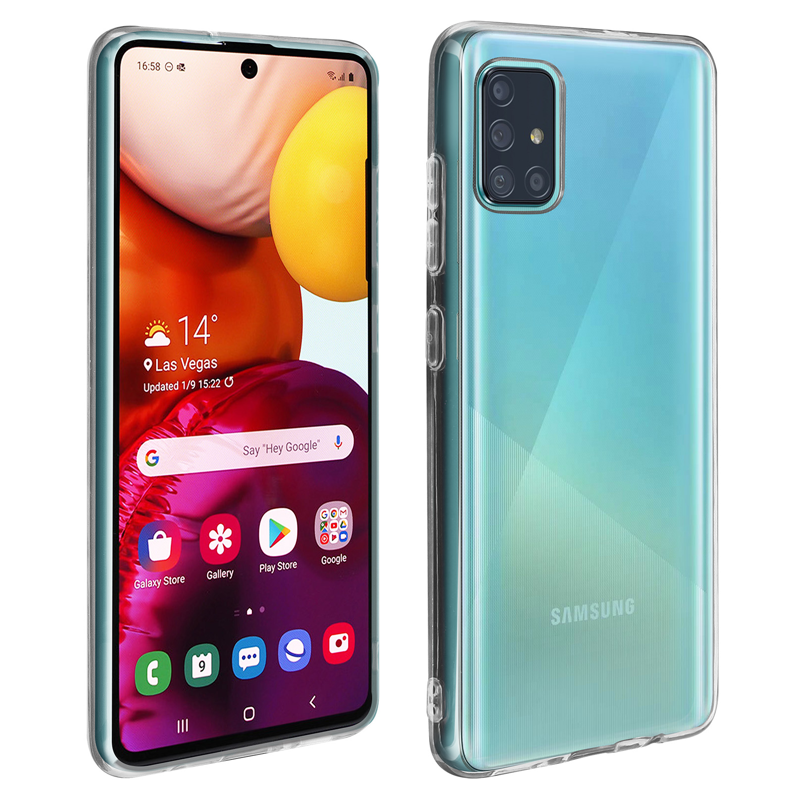 Twee telefoons. Eén zit in een doorzichtige hoes, de andere is de telefoon. Witte achtergrond.
