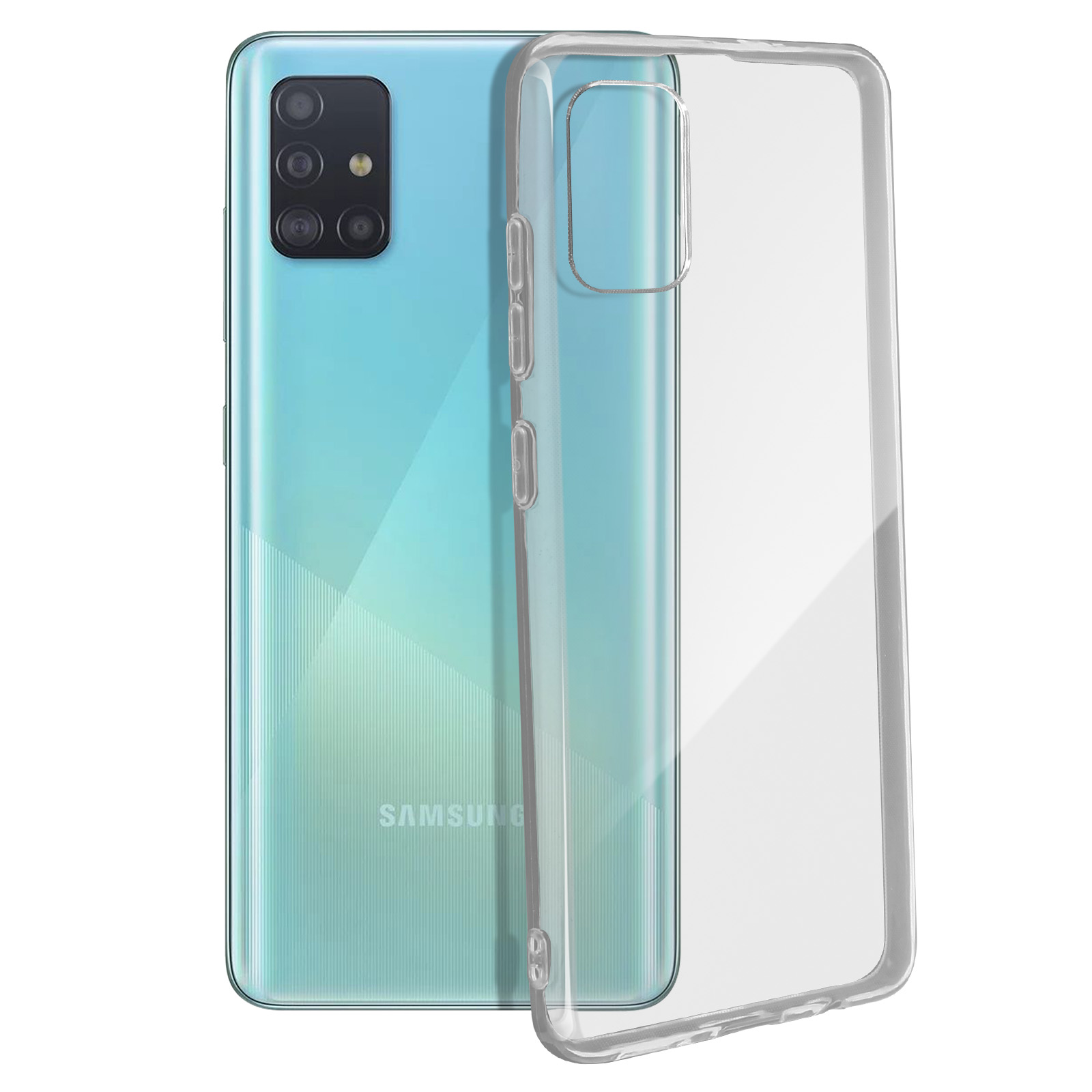 Een turquoise telefoon met een doorzichtige hoes wordt getoond. De hoes zit op de telefoon. Het Samsung-logo is zichtbaar.